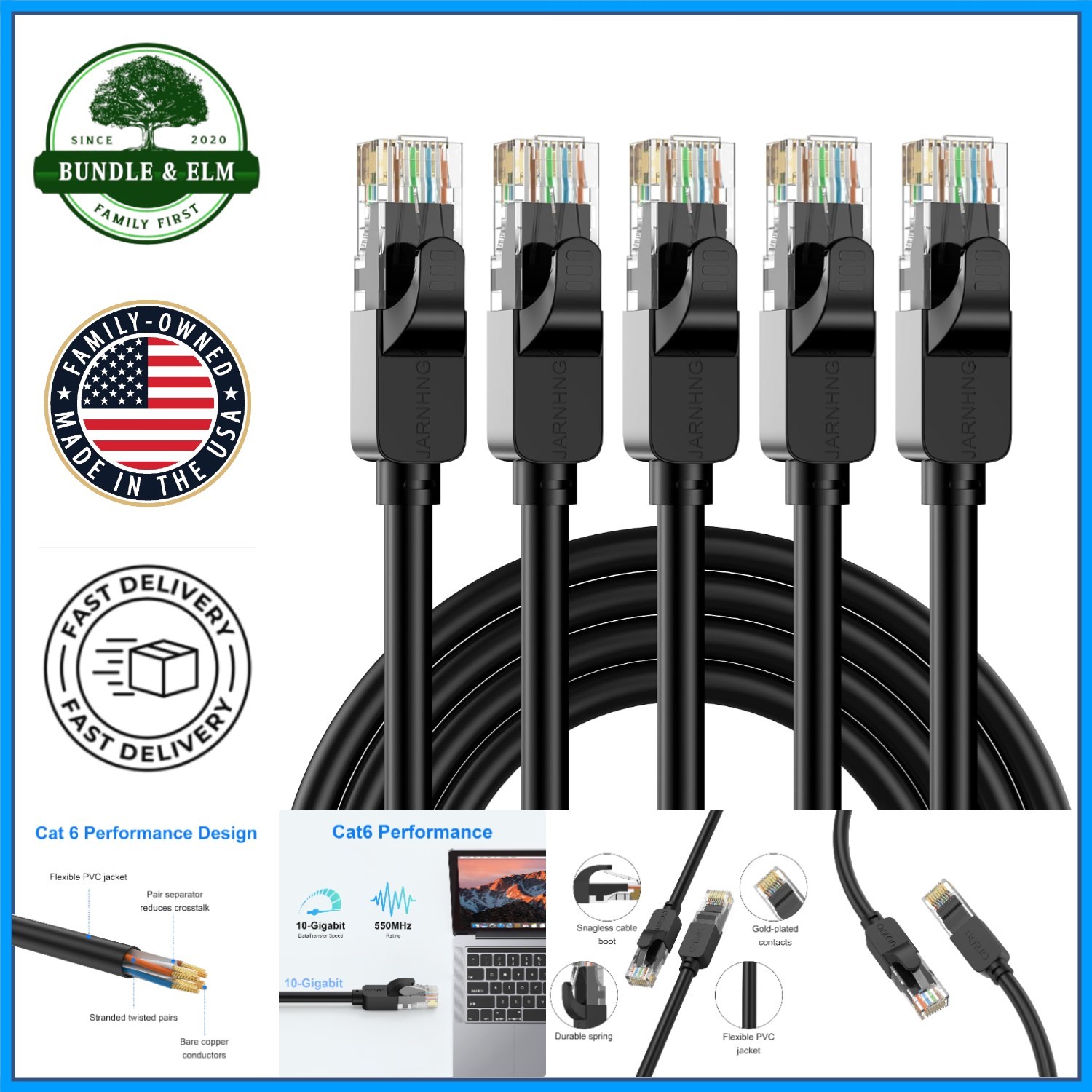 Durable Cat 6 Ethernet Cable 6ft, 5-Pack, Compatible with Computers & Printers