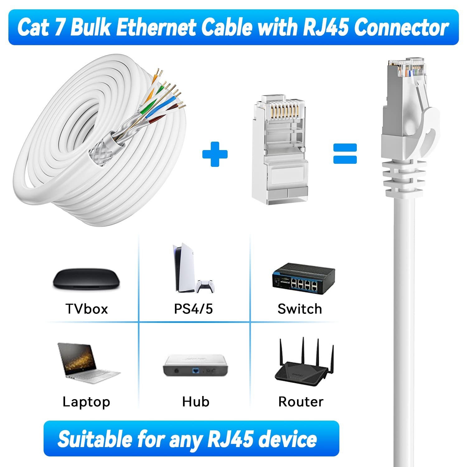 Cat 7 Ethernet Cable Bulk 328ft/100m (20 RJ45), Outdoor&Indoor