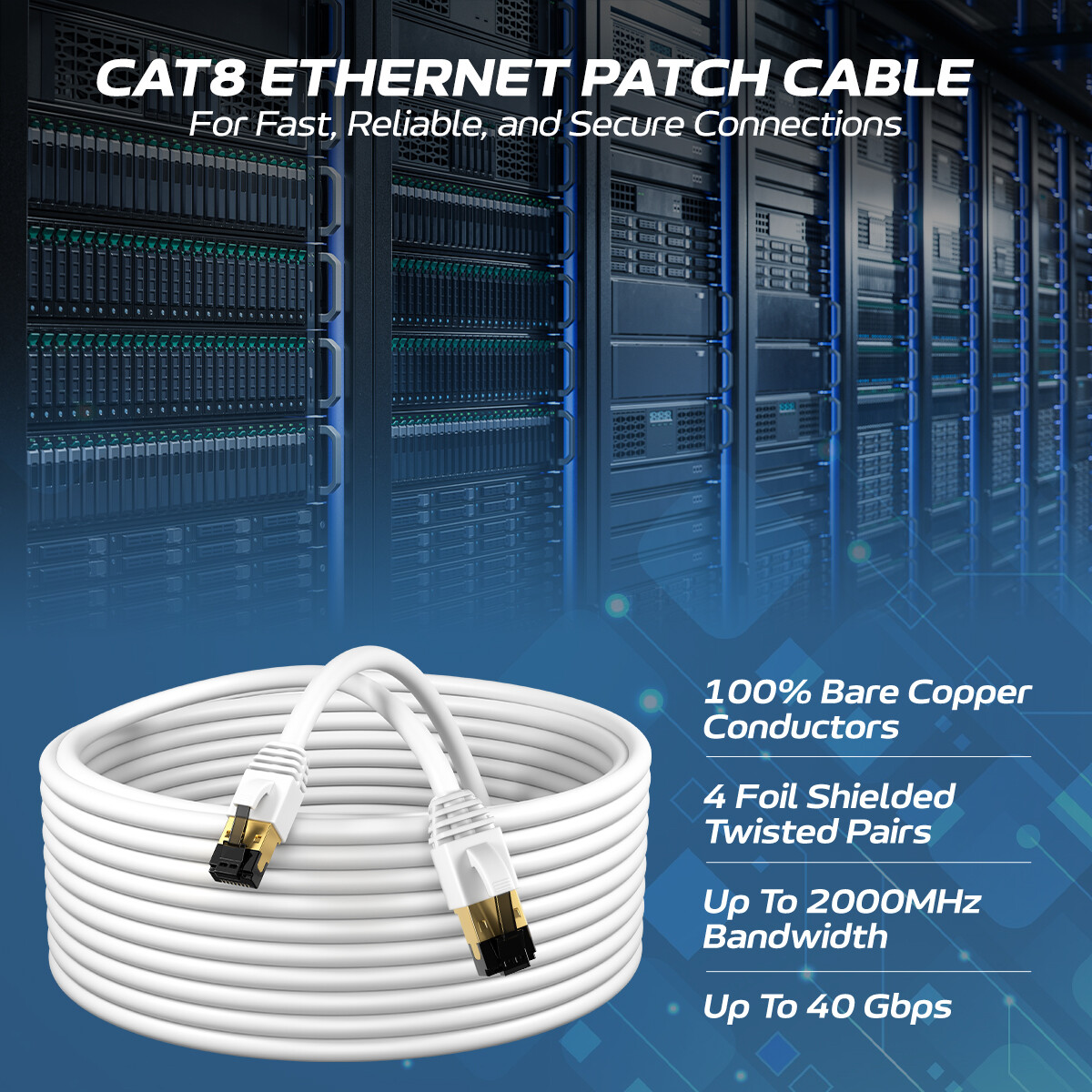 Cat8 Ethernet Cable RJ45 Shielded High Speed 40Gbps Internet White Copper Lot