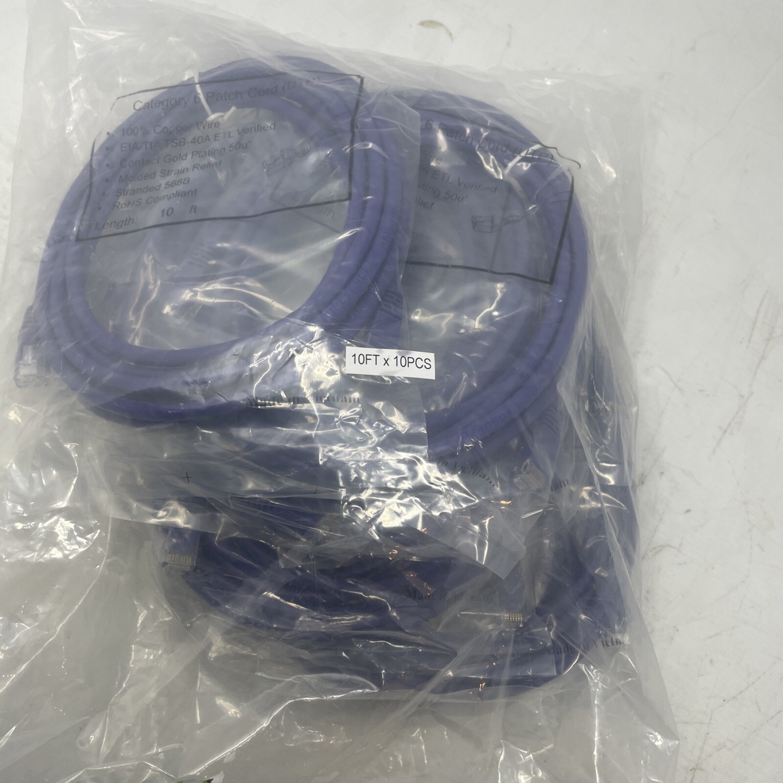 Lot Of 10 Cat 6 Patch Cord (UTP). Length 10 Ft. EIA/TIA TSB-40A ETL Verified.