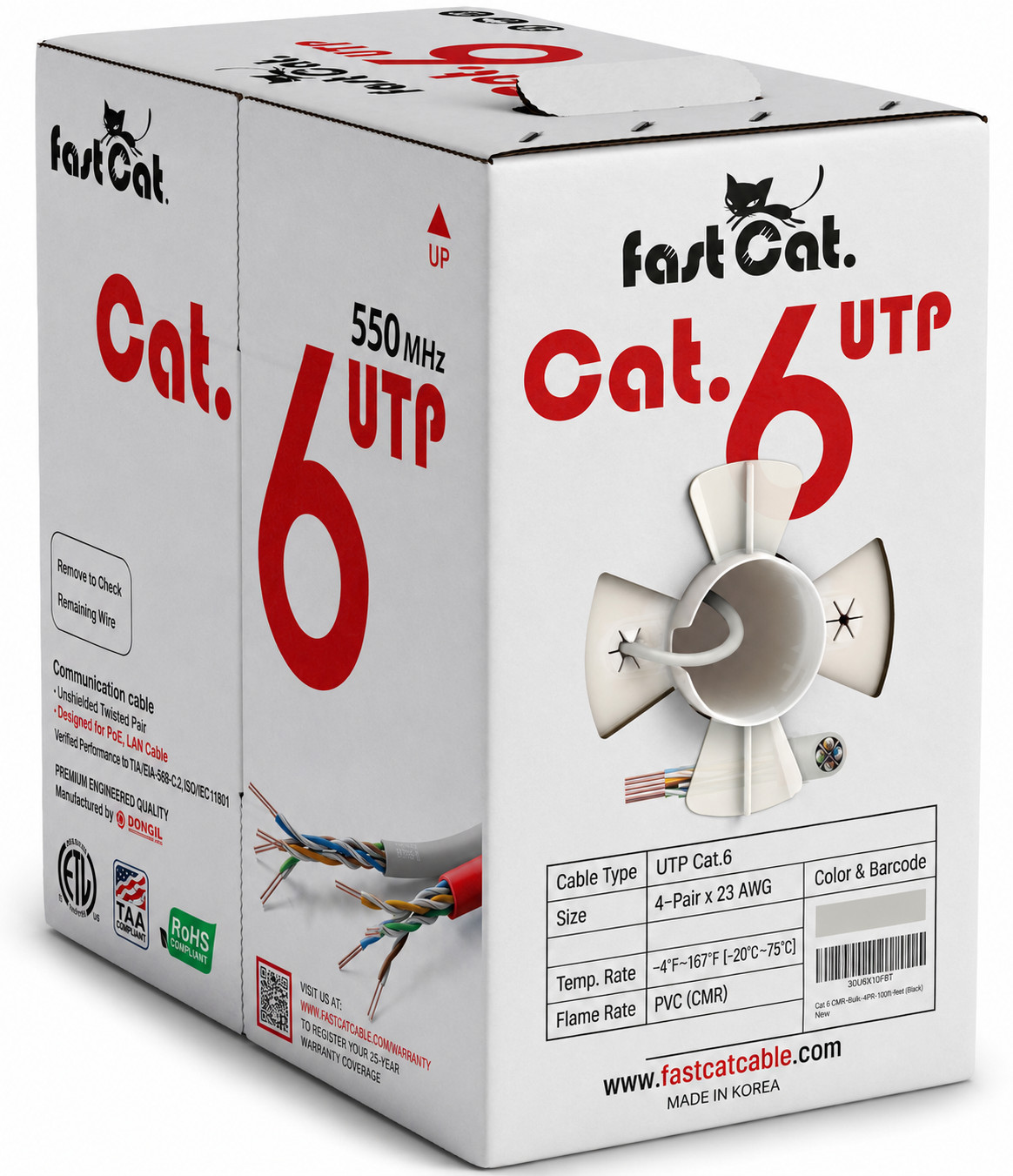 Cat6 Ethernet Cable – 23 AWG, CMR, Solid Bare Copper – 410ft- White