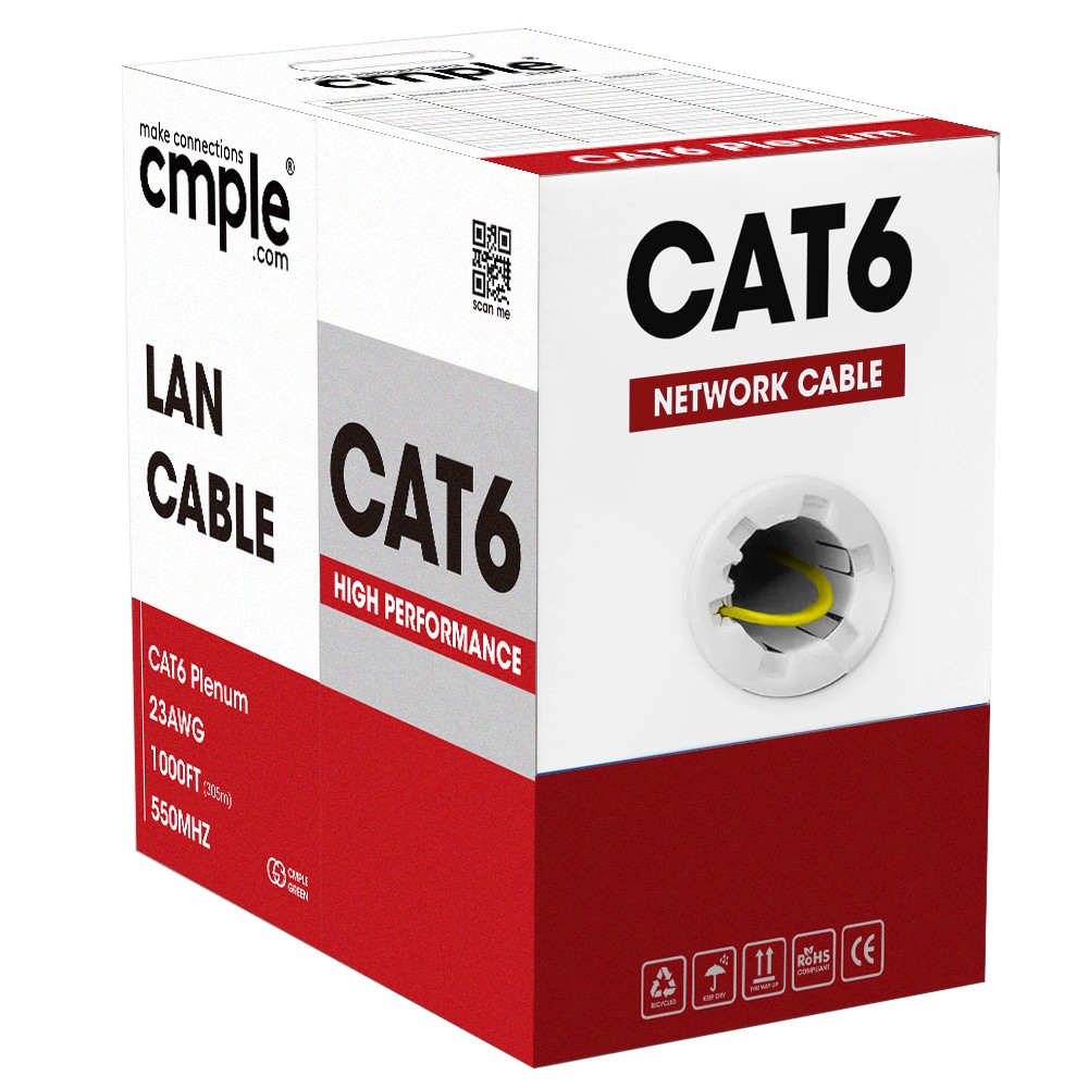 Cat6 Plenum Ethernet Cable 1000ft 2 Pack CMP Solid 23AWG UTP Pull Yellow