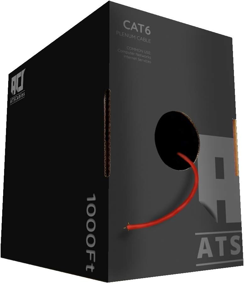 Bulk Cat6 Plenum (CMP) 1000ft 550MHZ UTP 23 AWG Solid 10 Gigabit Red