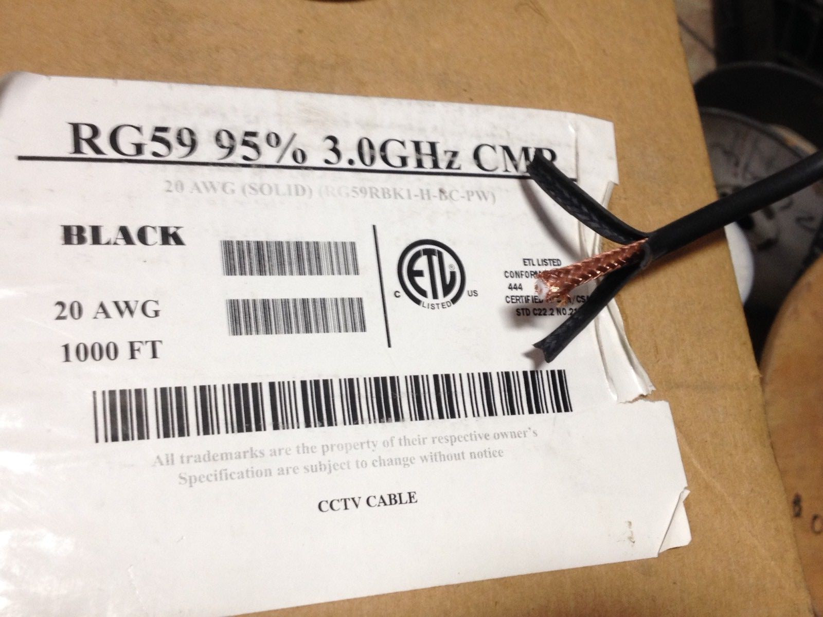 est 900 FT RG59 Black Coaxial Direct Burial Outdoor (20Awg) 95% BC Braid 3.0 Ghz