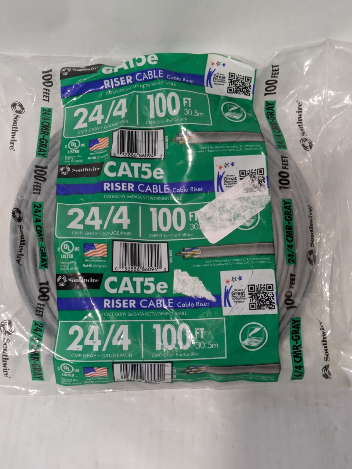Southwire CAT5e Riser Cable 100 FT 24/4 CMR Gray Data Networking 30.5m New