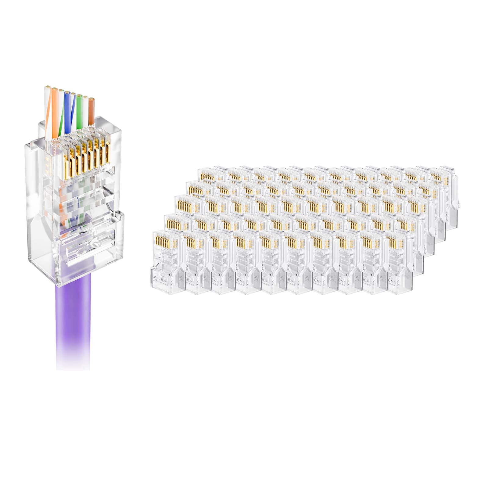 VCELINK Cat5e Connectors RJ45 Pass Through 50-Pack with Longer Guide 50Pack