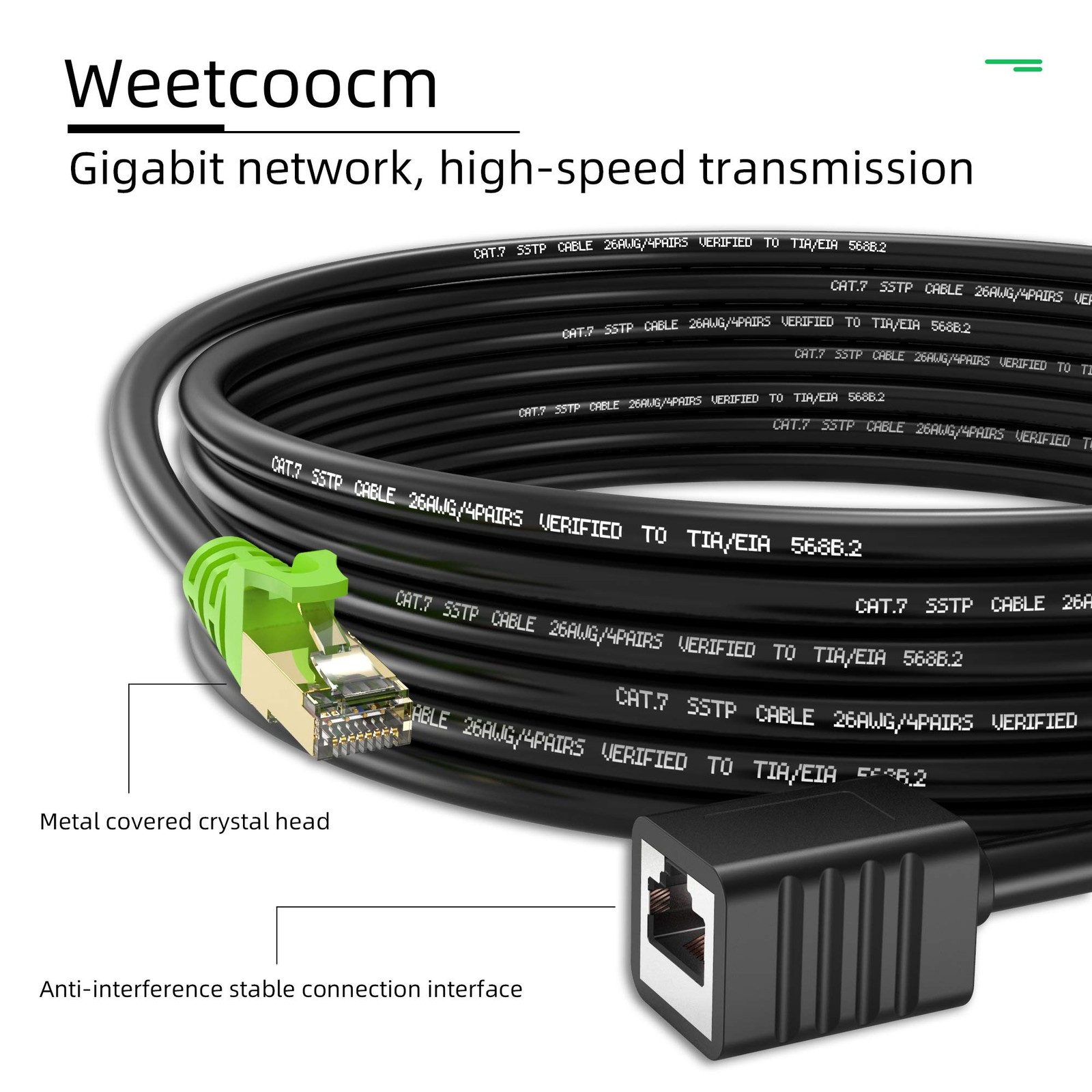 Weetcoocm Ethernet Extension Cable 25ft, Network Cat6a Patch 25FT