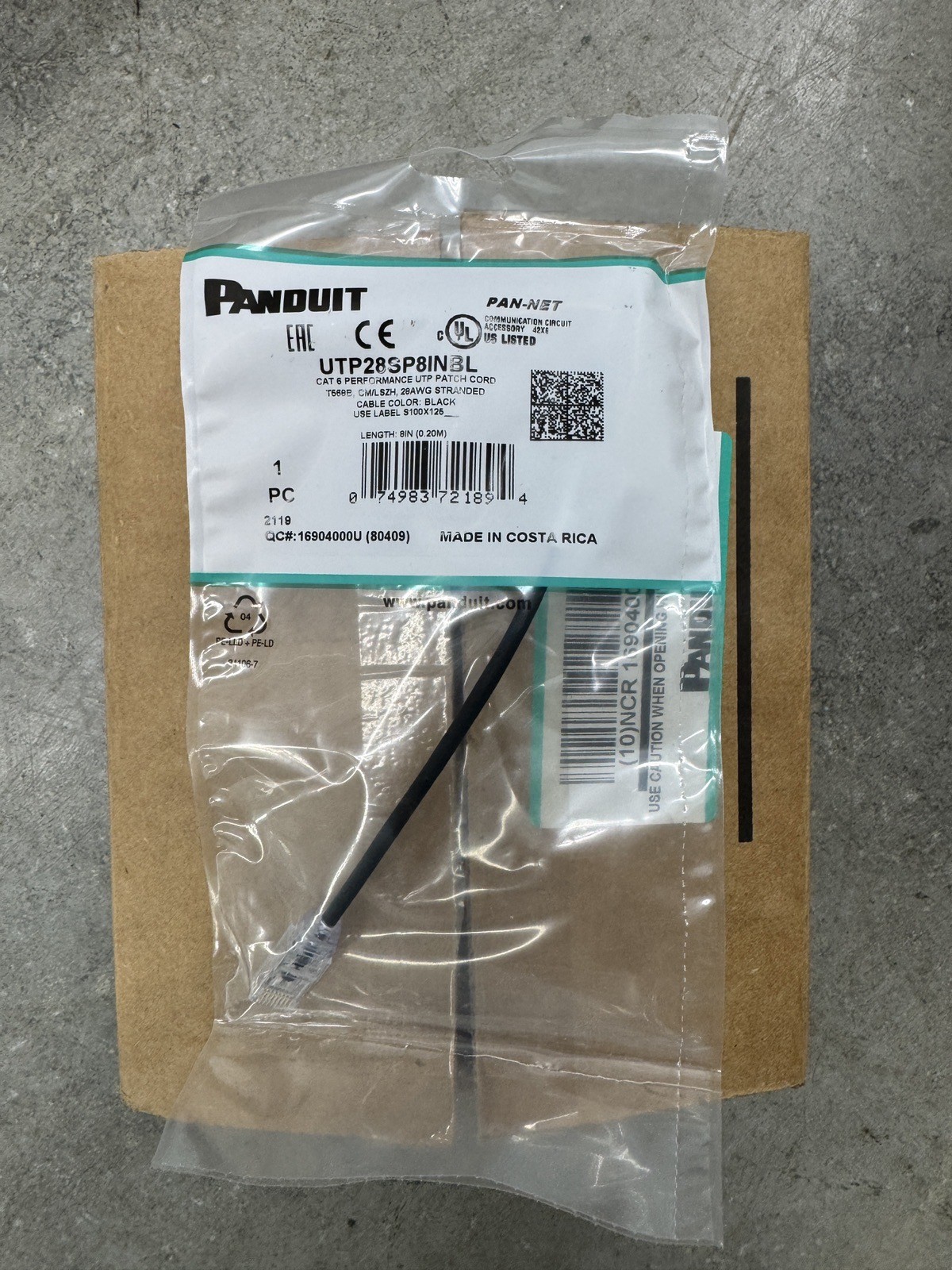 Panduit UTP28SP8INBL Cat6 28AWG UTP Patch Cords — Black — 8 Inch — 10 Pack