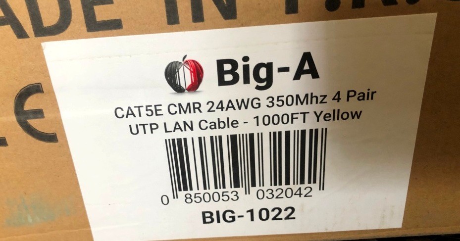 Cat5e Ethernet Cable 1000ft Plenum CMP Solid 24AWG UTP 350MHz Easy Pull Bulk