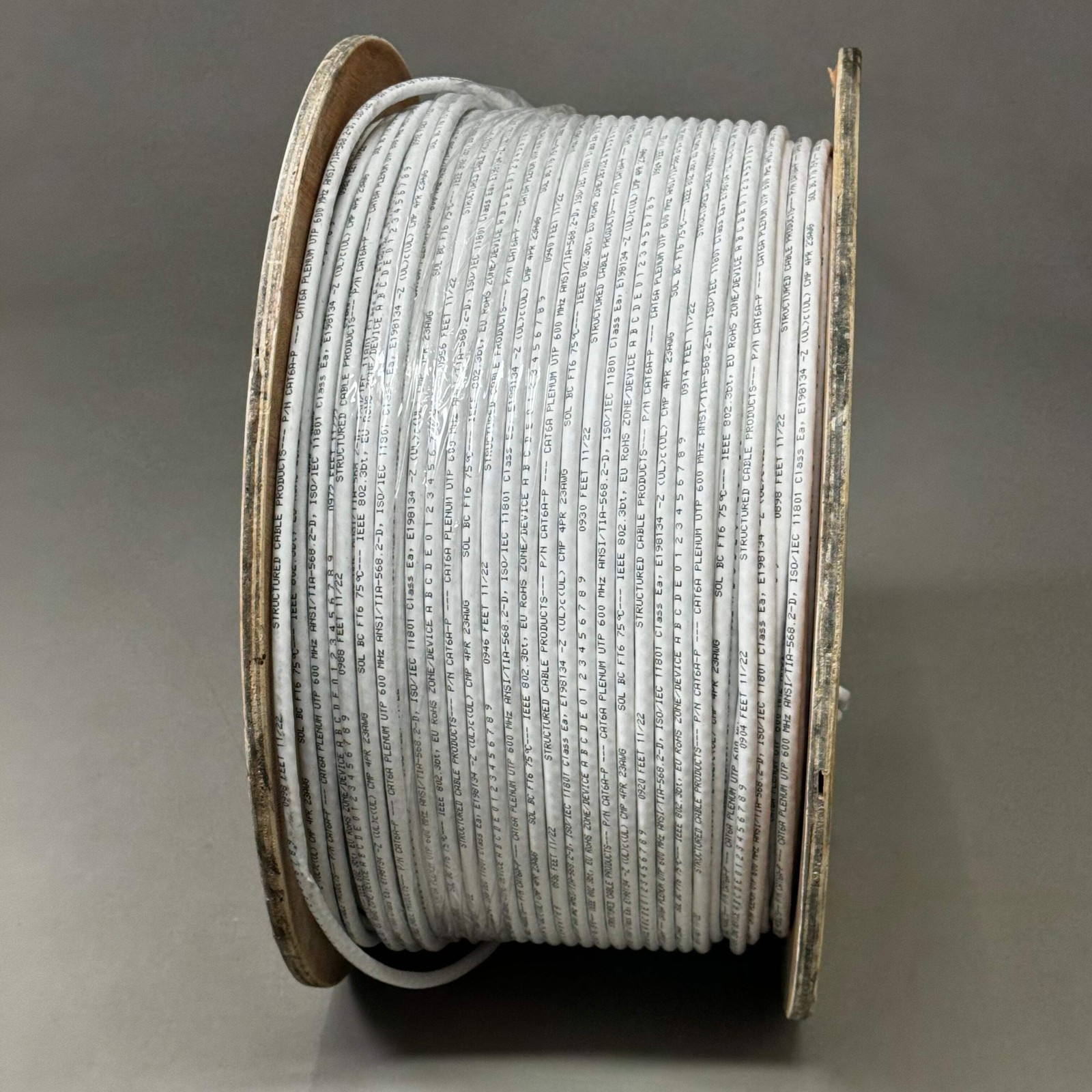 SCP CAT6A Plenum Enhanced 600 MHz 23 AWG Packaging Spool 1000ft White CAT6A-P-WT