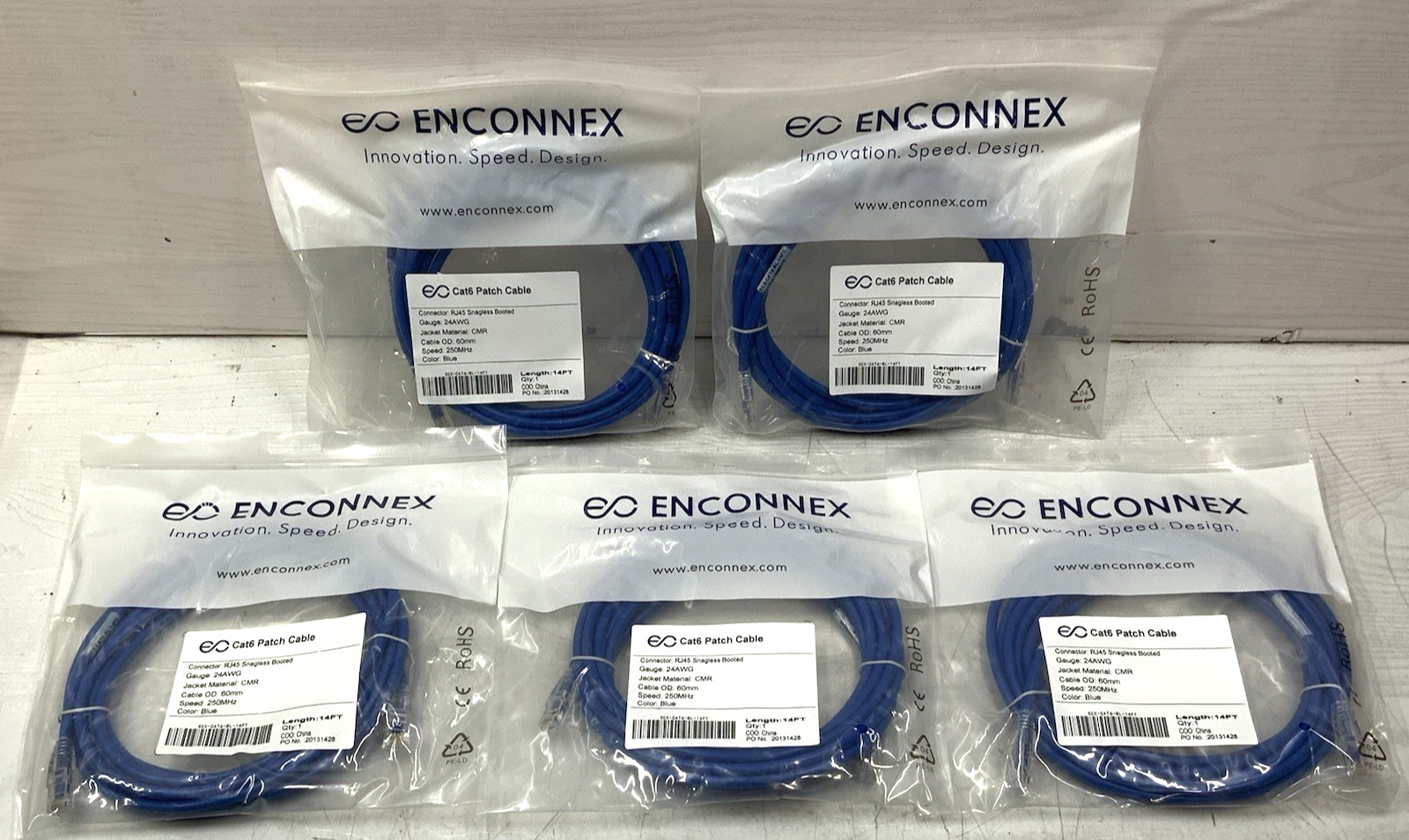 Lot of 5 – EnConnex Cat6 Patch Cable Male to Male 14ft (Blue) ECX-CAT6-BL-14FT