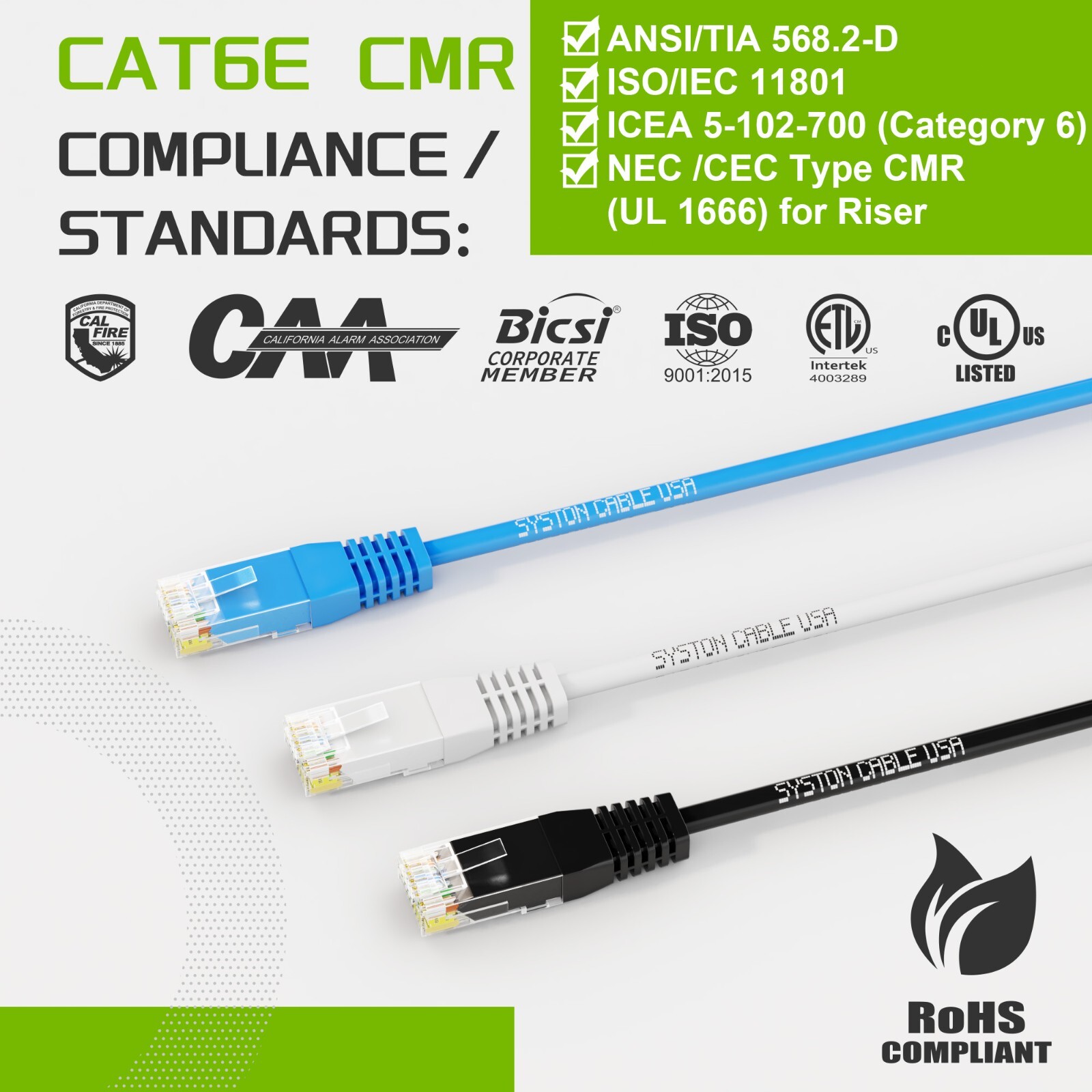 Syston Cat 6E Ethernet Network Cable 600 MHz 23 AWG Solid Copper Wire-CMR Patch