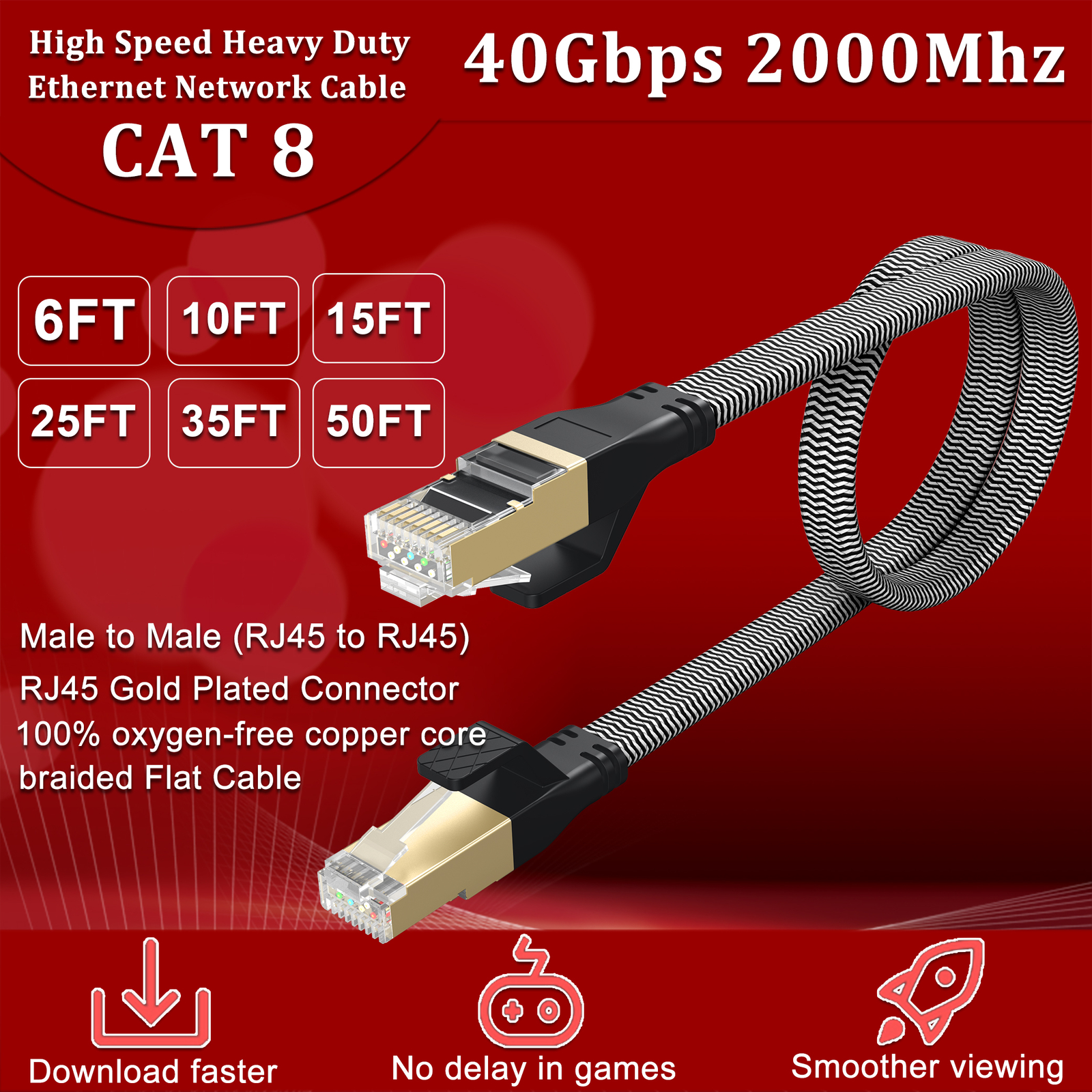 6FT-50FT flat Cat 8 Ethernet Cable Braided 40Gbps 2000Mhz CAT8 Network Cables