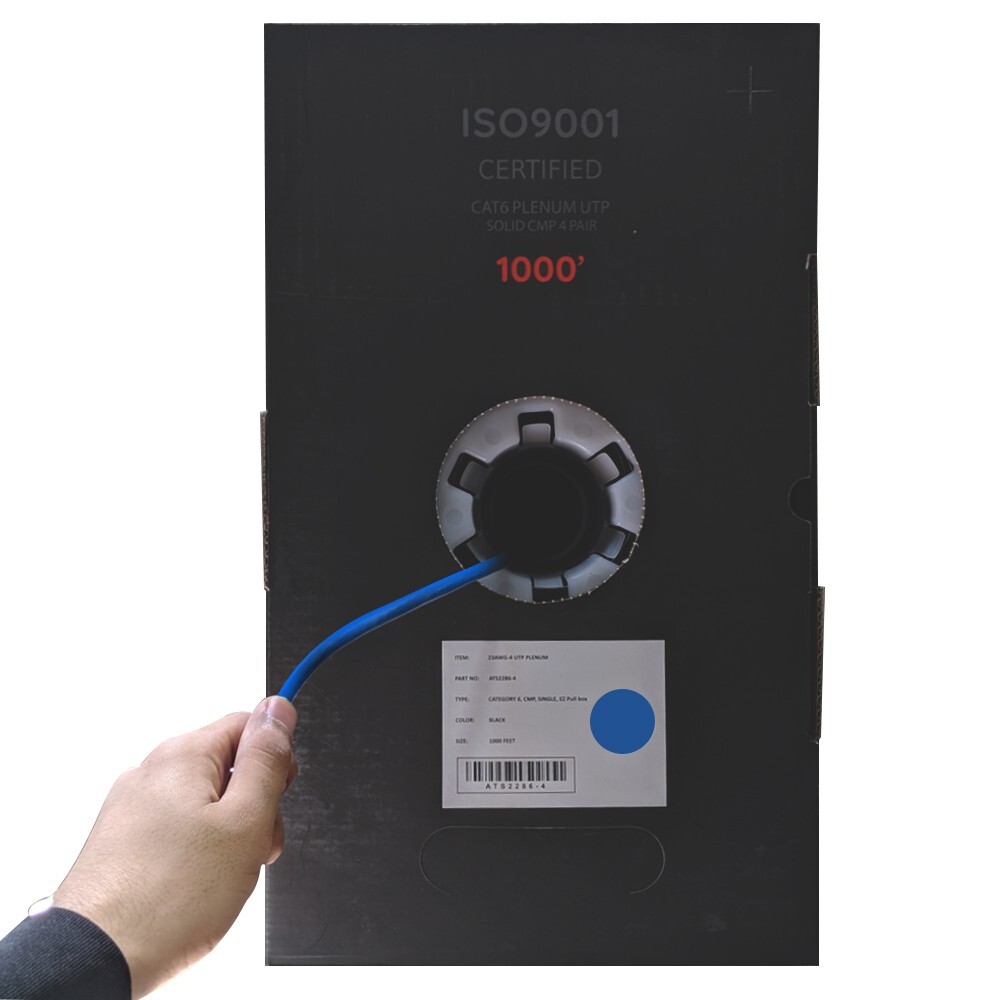 Bulk Cat6 Plenum (CMP) 1000ft 550MHZ UTP 23 AWG Solid 10 Gigabit Blue