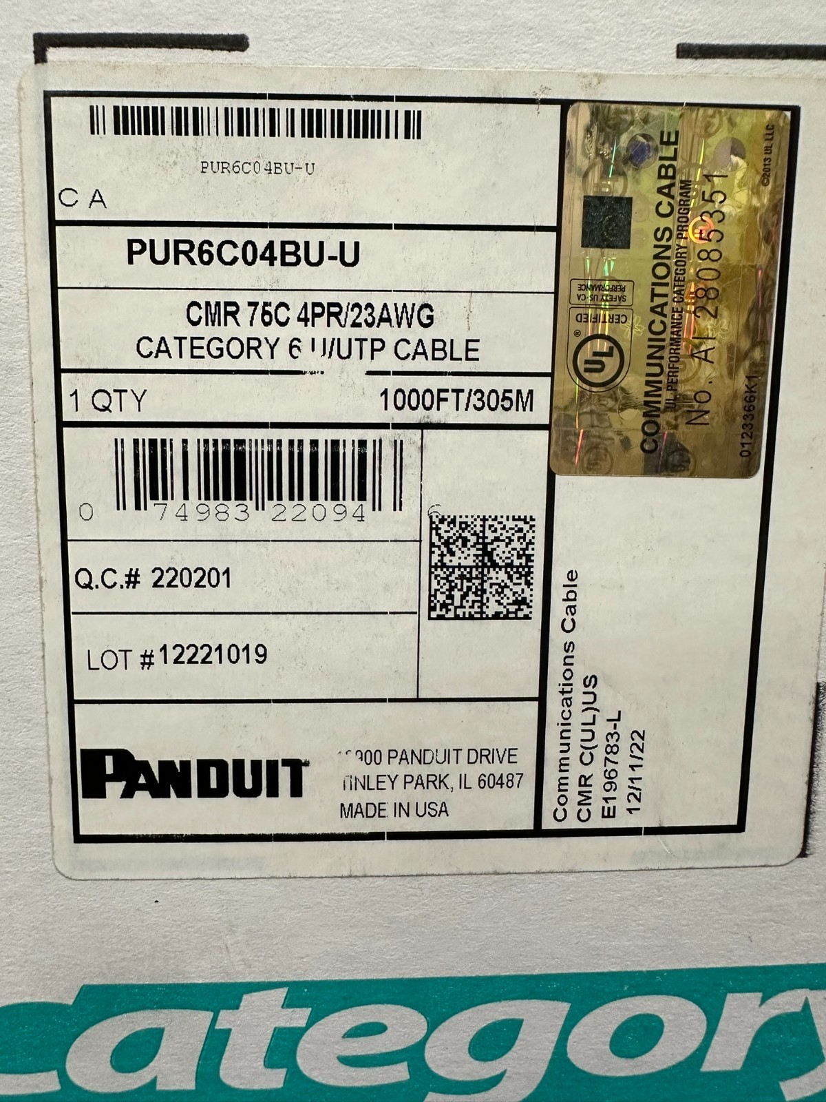 Panduit Cat6 Cable NEW in BOX 1000ft CMR 23AWG UTP Blue PUR6C04BU-U