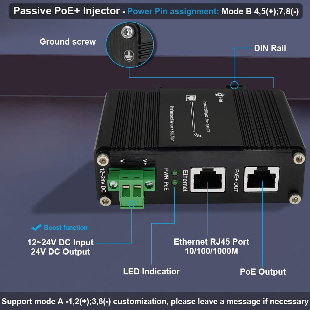Elenzk Industrial 1000M Gigabit RJ45 24V Passive PoE Injector Black