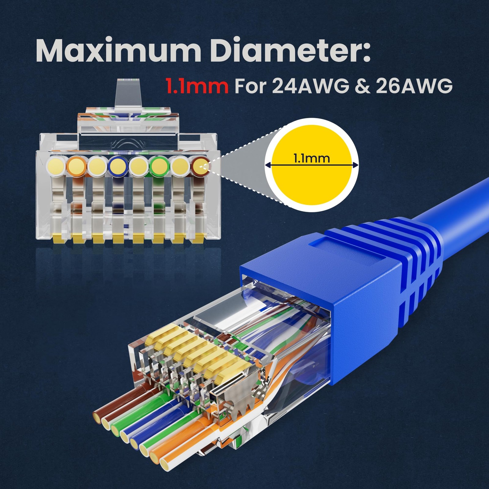 100-Pack Pass-Through RJ45 Connector with Blue Strain Relief Boots, Gold Plat.