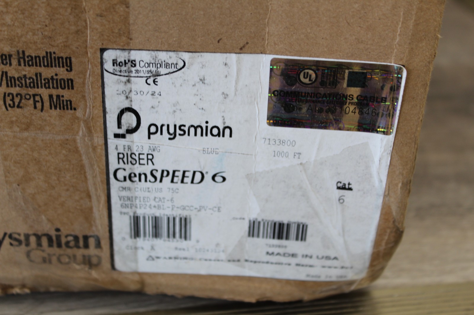 PRYSMIAN GenSPEED 1000 ft 23AWG 4Pair CAT6 Riser Cable, Blue 7133800 – NEW