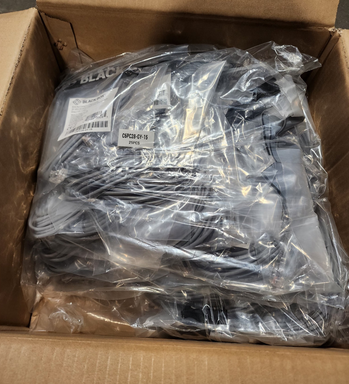 50 Pack 15ft Gray Black Box Slim-Net Cat 6A Patch Cable 28AWG UTP Snagless