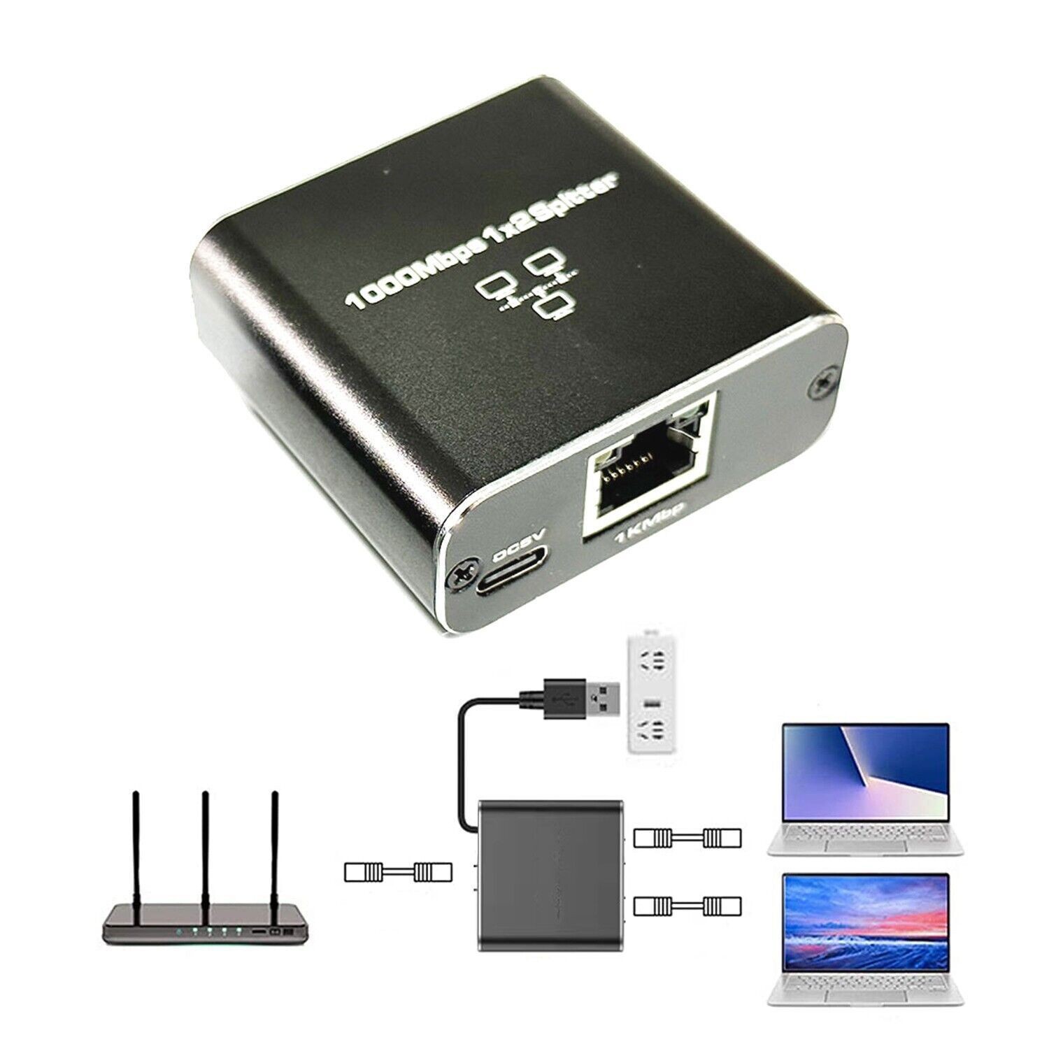 RJ45 Gigabit Ethernet Splitter 1000Mbps LAN Network Internet 1 to 2 Out Adapter
