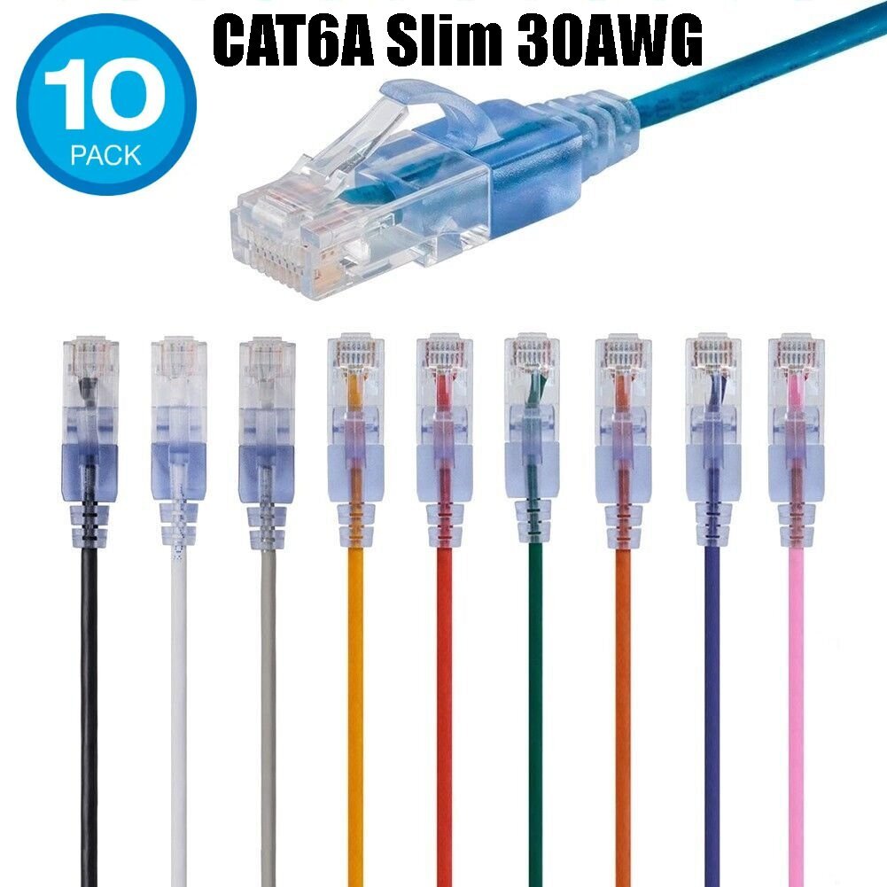 10 PACK Slim CAT6a RJ45 Ethernet Network 10G Copper Wire 30AWG Patch LOT Cable