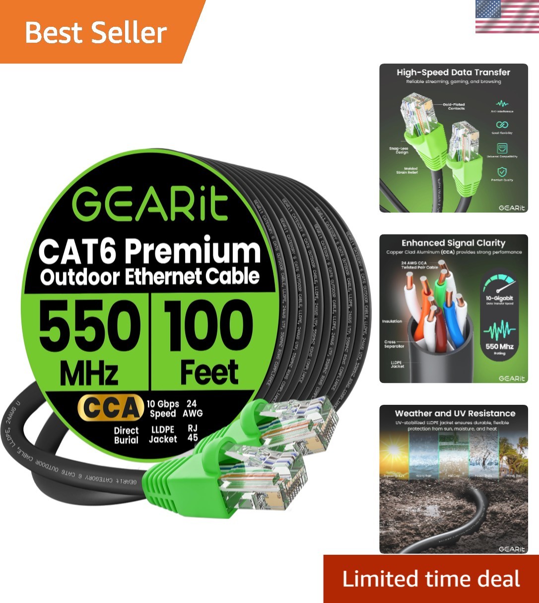 100 Ft Cat 6 Ethernet Cable – Weatherproof, 10 Gbps Performance, for Outdoor Use