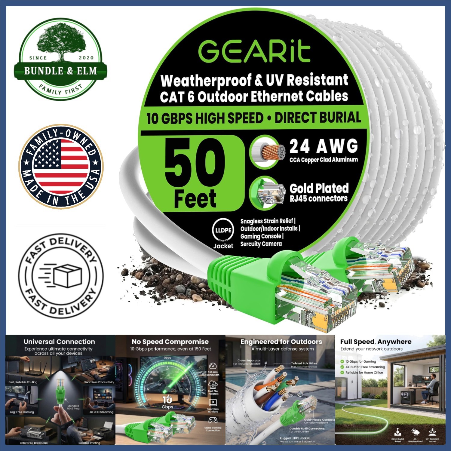 Durable Cat6 Ethernet Cable 50ft for Direct Burial and Network Communication