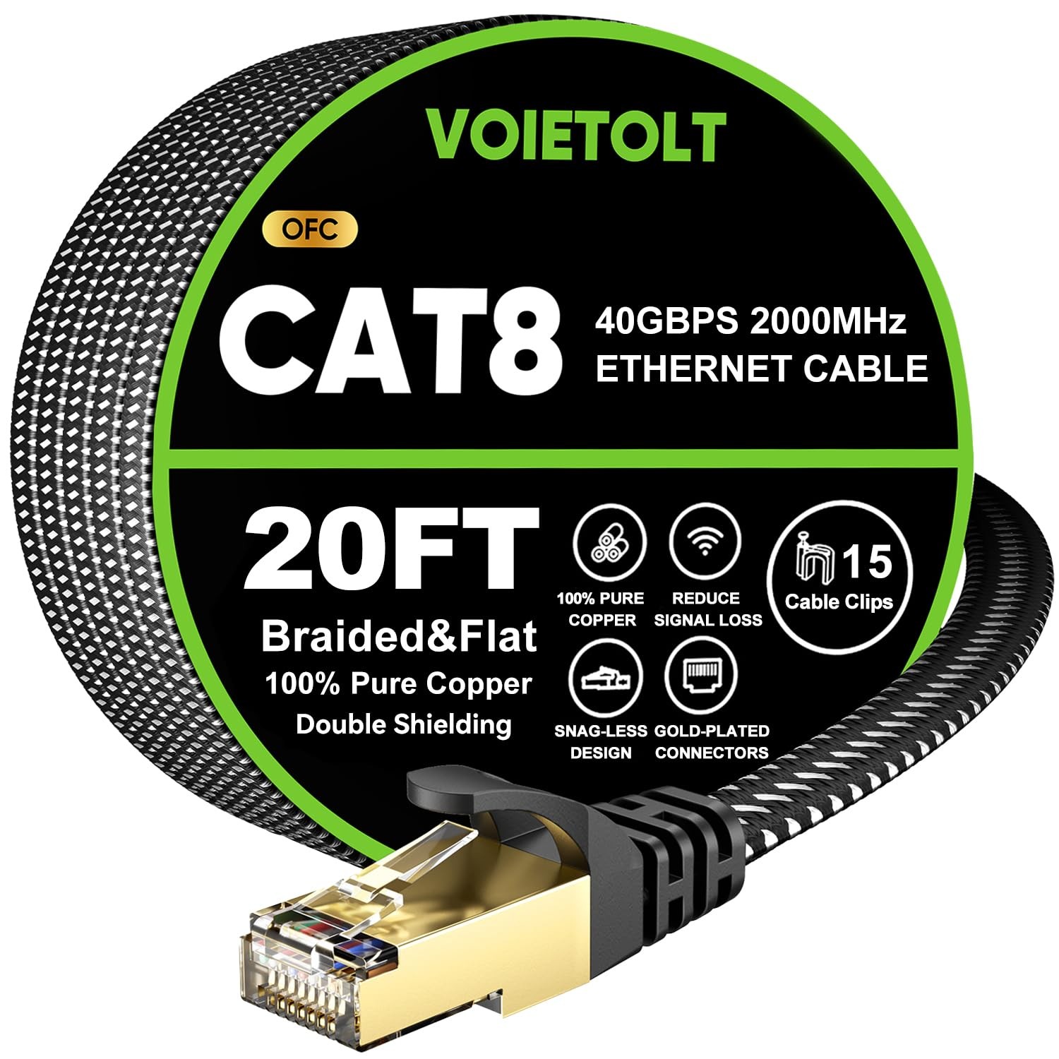 Cat 8 Ethernet Cable 20 FT Flat, High Speed 40Gbps 2000Mhz Braided Internet C…