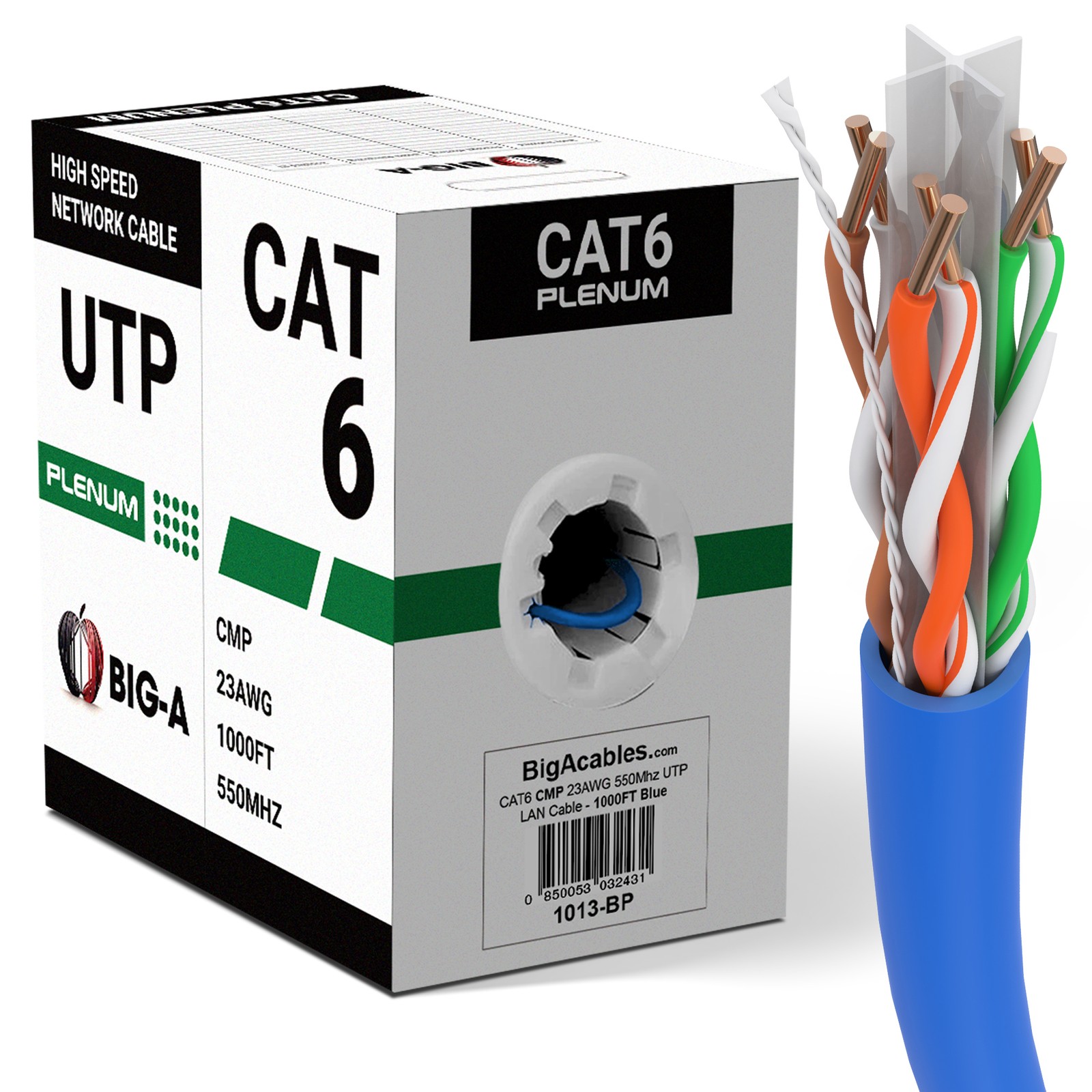 Cat6 Plenum Ethernet Cable 1000ft CMP 23AWG 550MHz Solid 10 Gigabit Network Wire