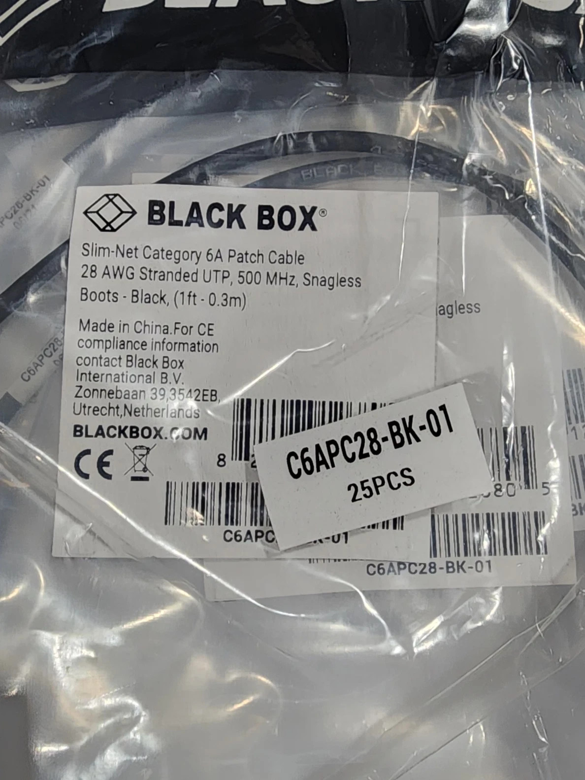 100 Pack 1ft Black Box Slim-Net Cat 6A Patch Cable 28AWG UTP Snagless