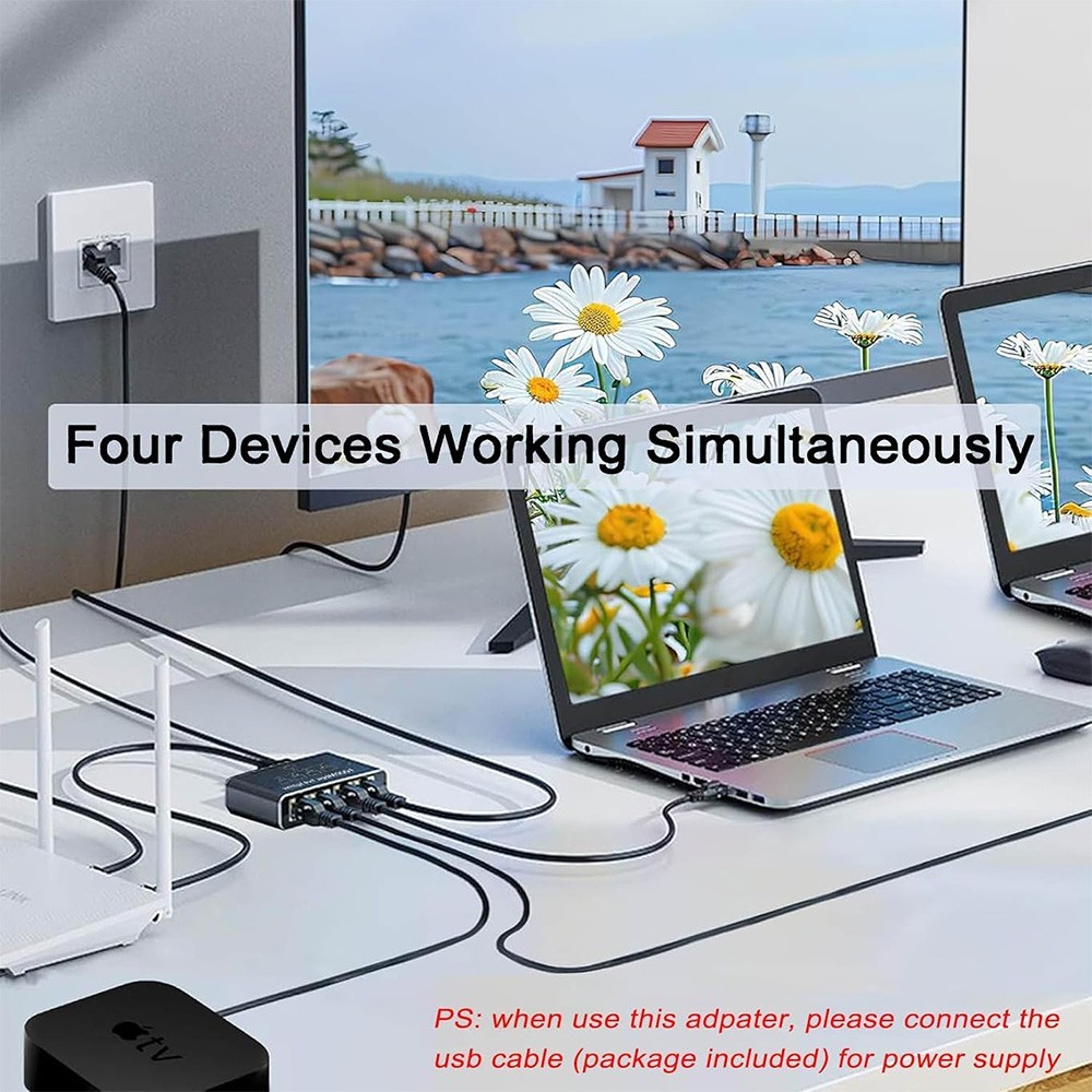Gigabit Ethernet Splitter 1 to 4 Port USB Powered, Compact Aluminum RJ45 Adapter