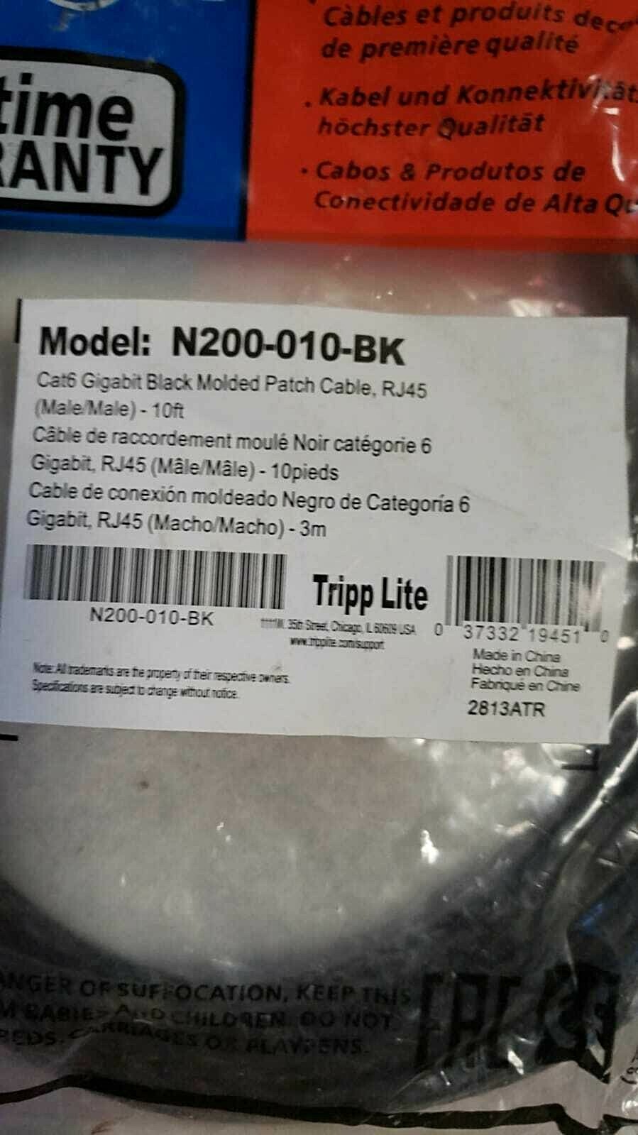 Tripp Lite Cat6 Gigabit Molded Patch Cable RJ45 10 ft. (M/M) N200-010-BK
