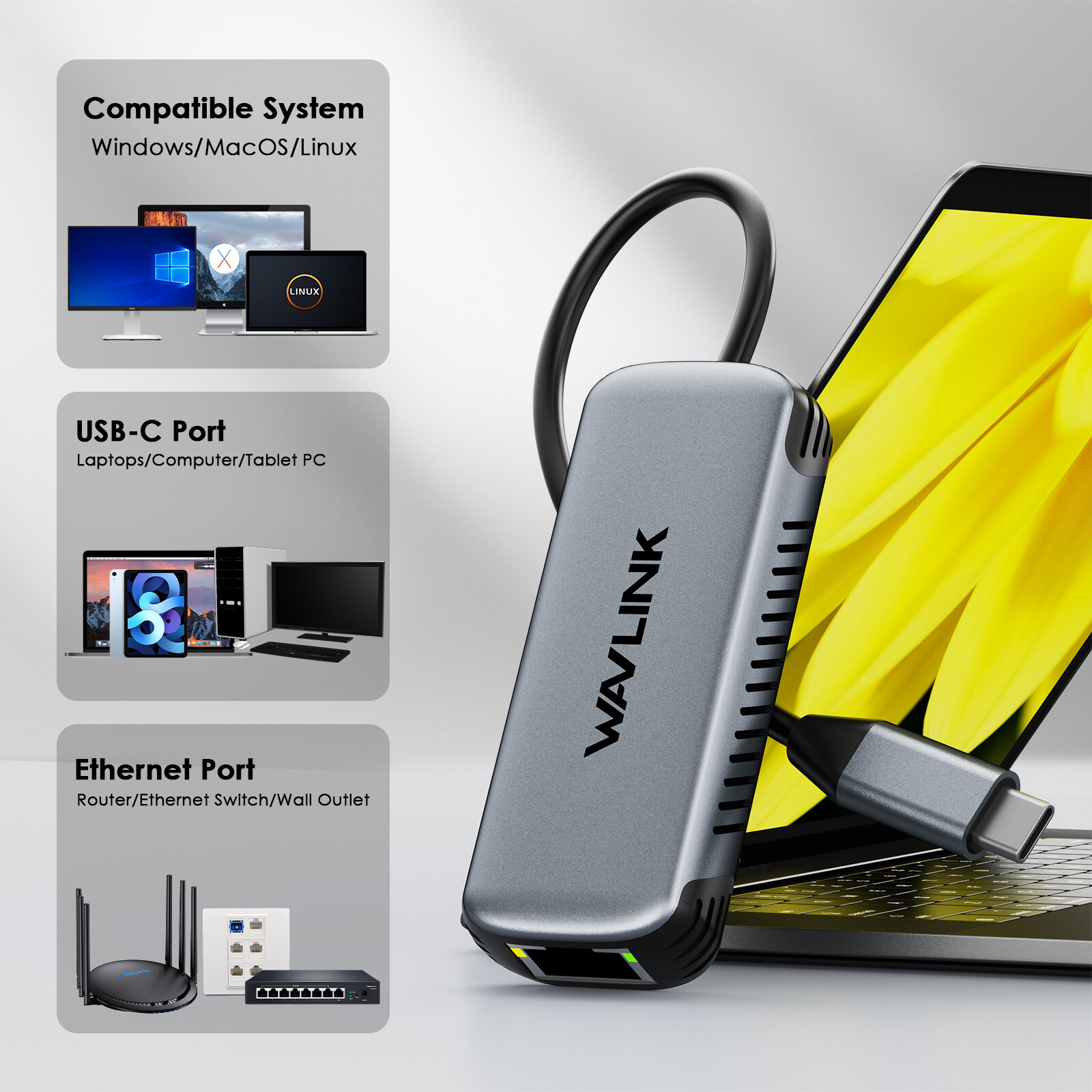 Wavlink USB C to Ethernet Network Adapter 5Gbps Driver-free RJ45 Gigabit