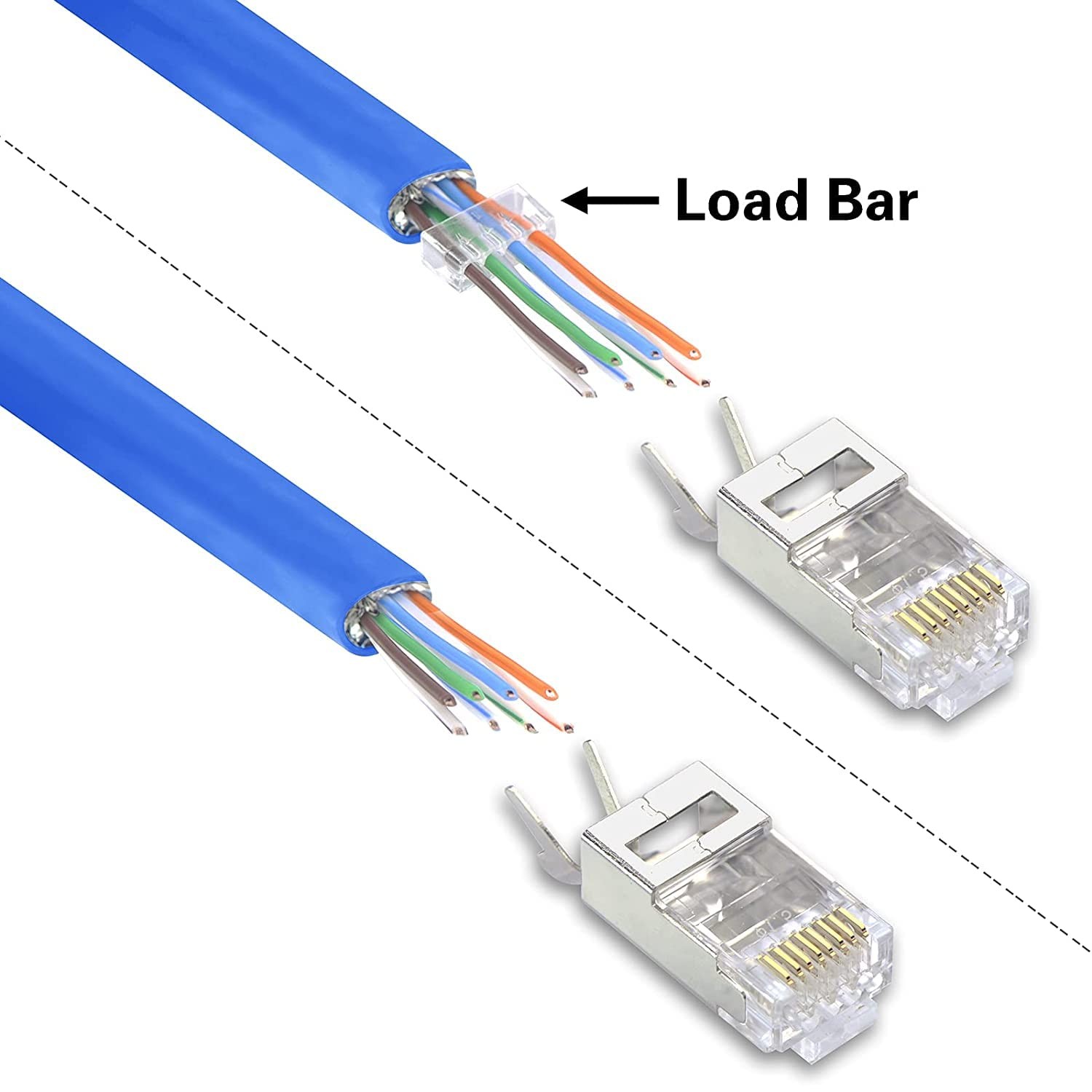 CAT6A/CAT7 Shielded RJ45 Pass Through Connectors 30-Pack with Blue Boots