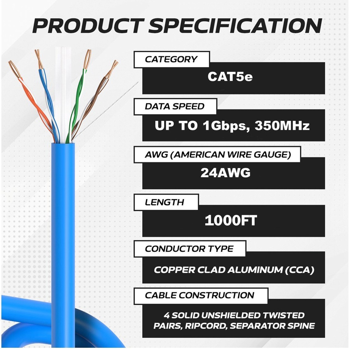 1000ft Cat5e Cable Ethernet Bulk Wire Solid Network CAT5 RJ45 Lan 24AWG ORANGE