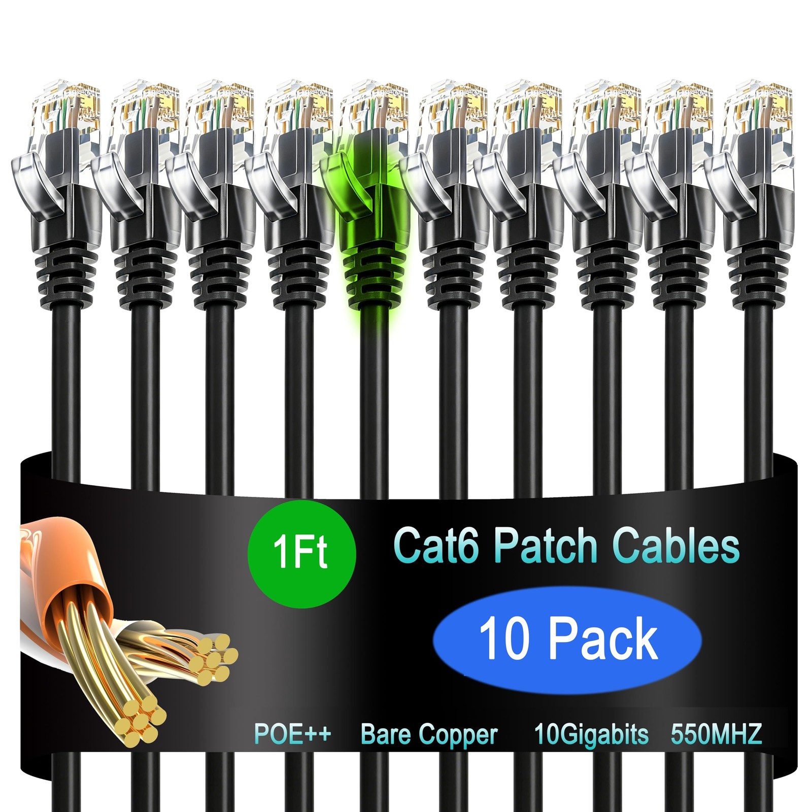 Cat6 10G Ethernet Network Patch Cables Snagless Black 1 ft 10 Pack Set