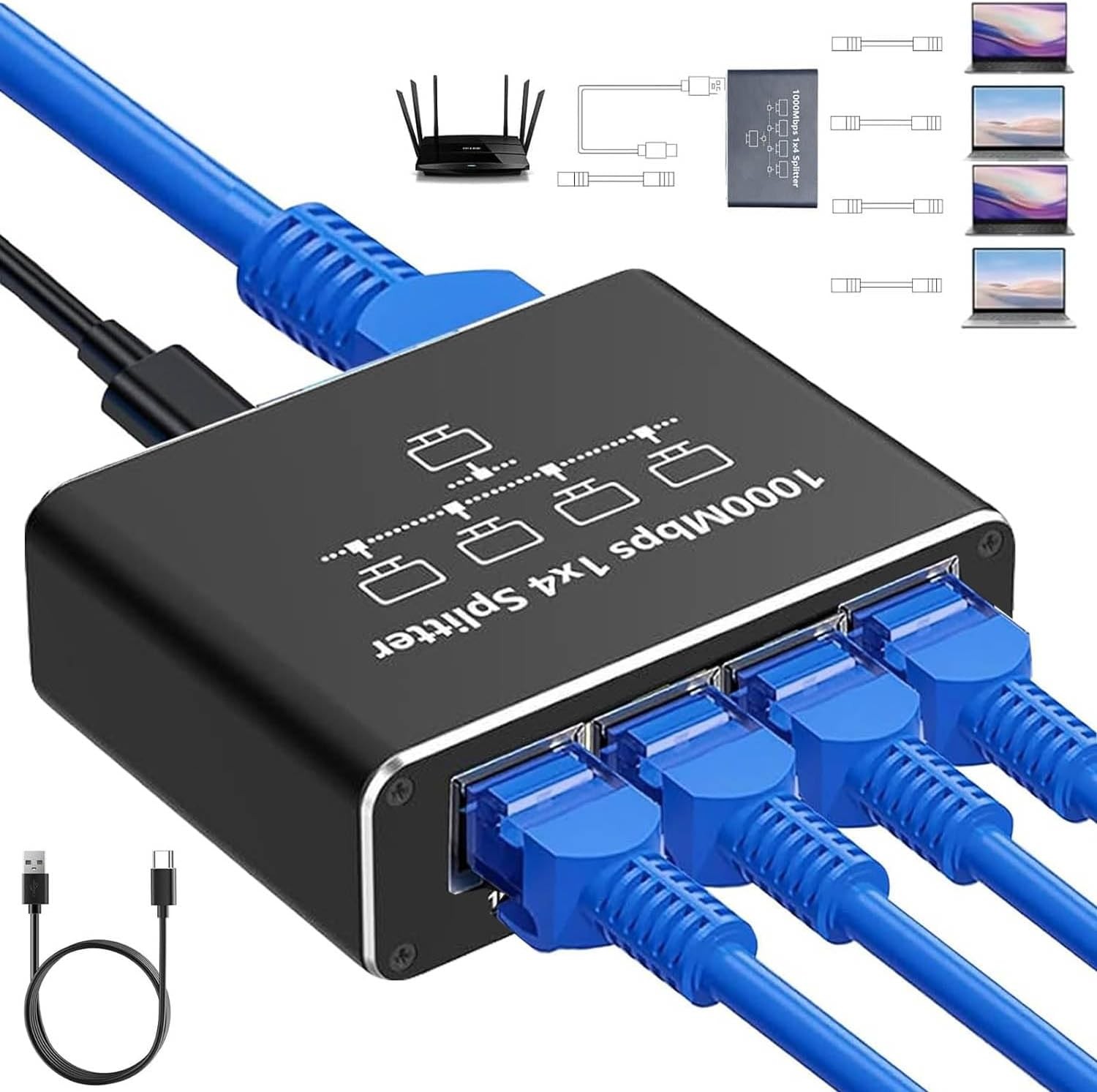 Gigabit Ethernet Splitter 1 to 4 Port USB Powered, Compact Aluminum RJ45 Adapter