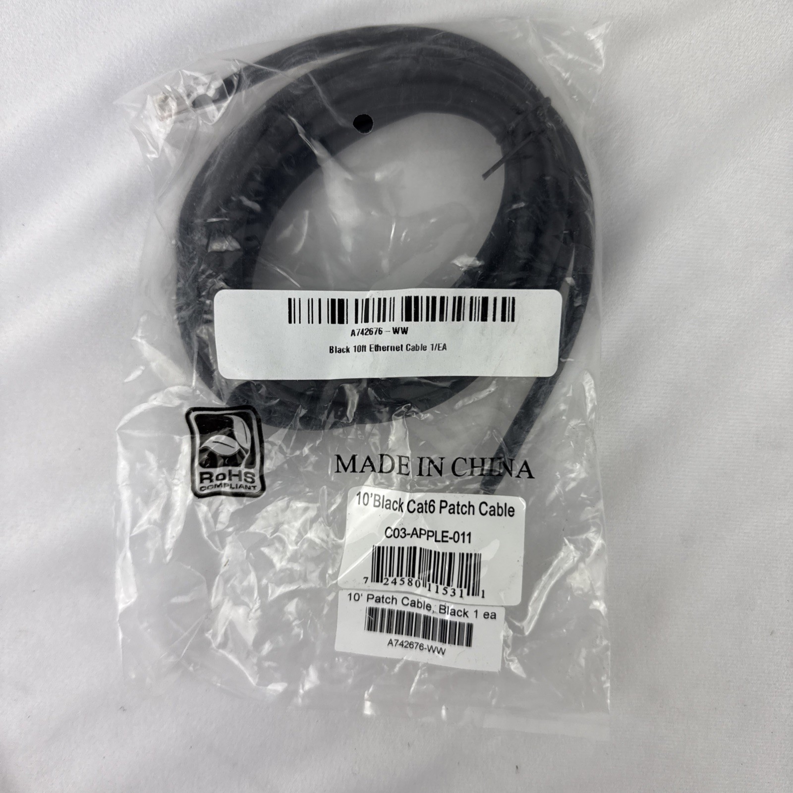 Cat6 10ft Black Patch Ethernet Cable RoHS Compliant