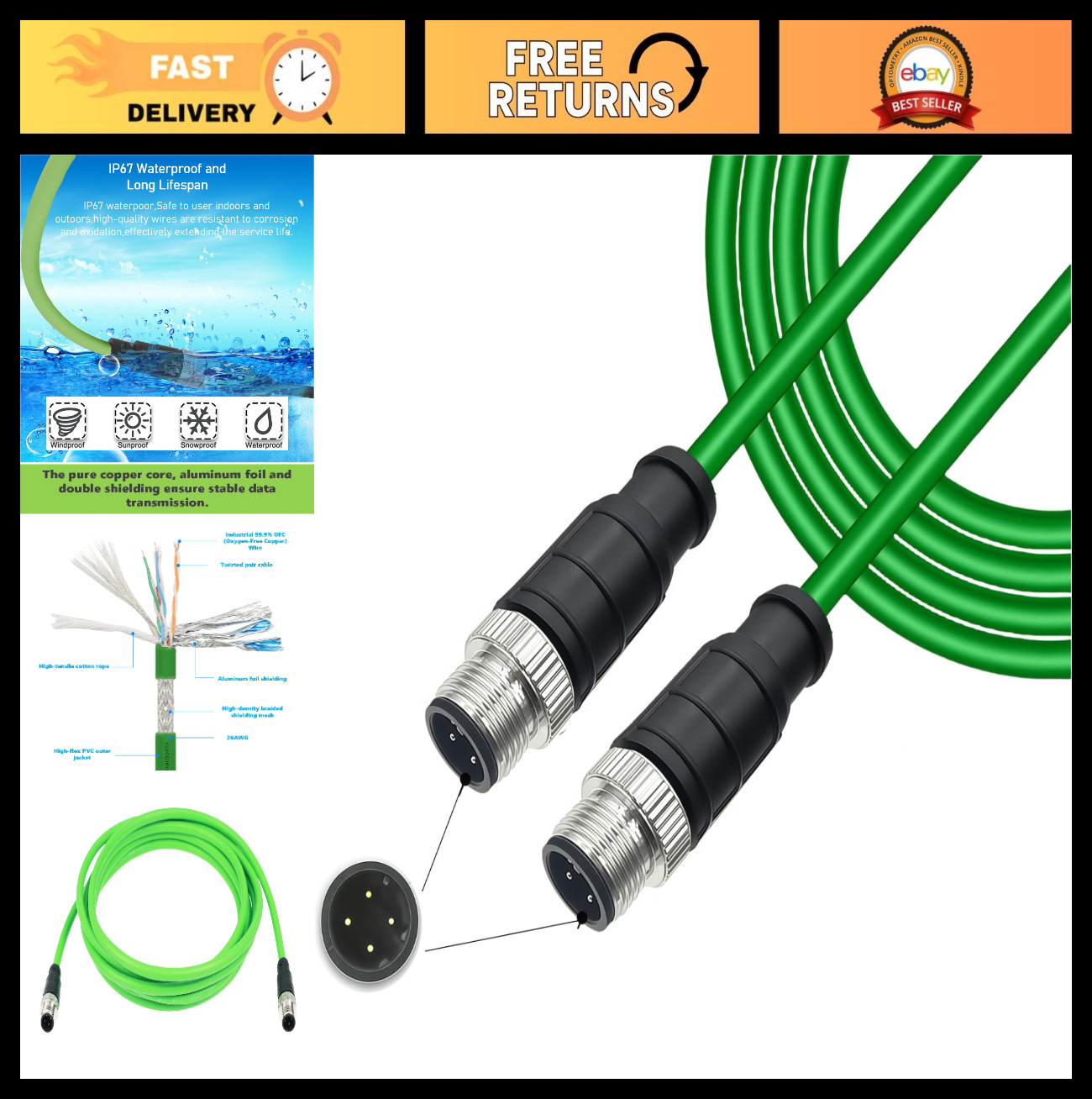 4-Pin D-Code Male to Male Ethernet Cable, Green PVC Profinet for Sensors, Camera