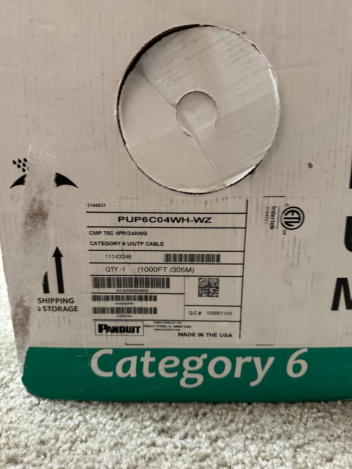 Panduit Copper Cable, Cat 6, 24 AWG, UTP, CMP, White, 1000ft. PUP6C04WH-WZ