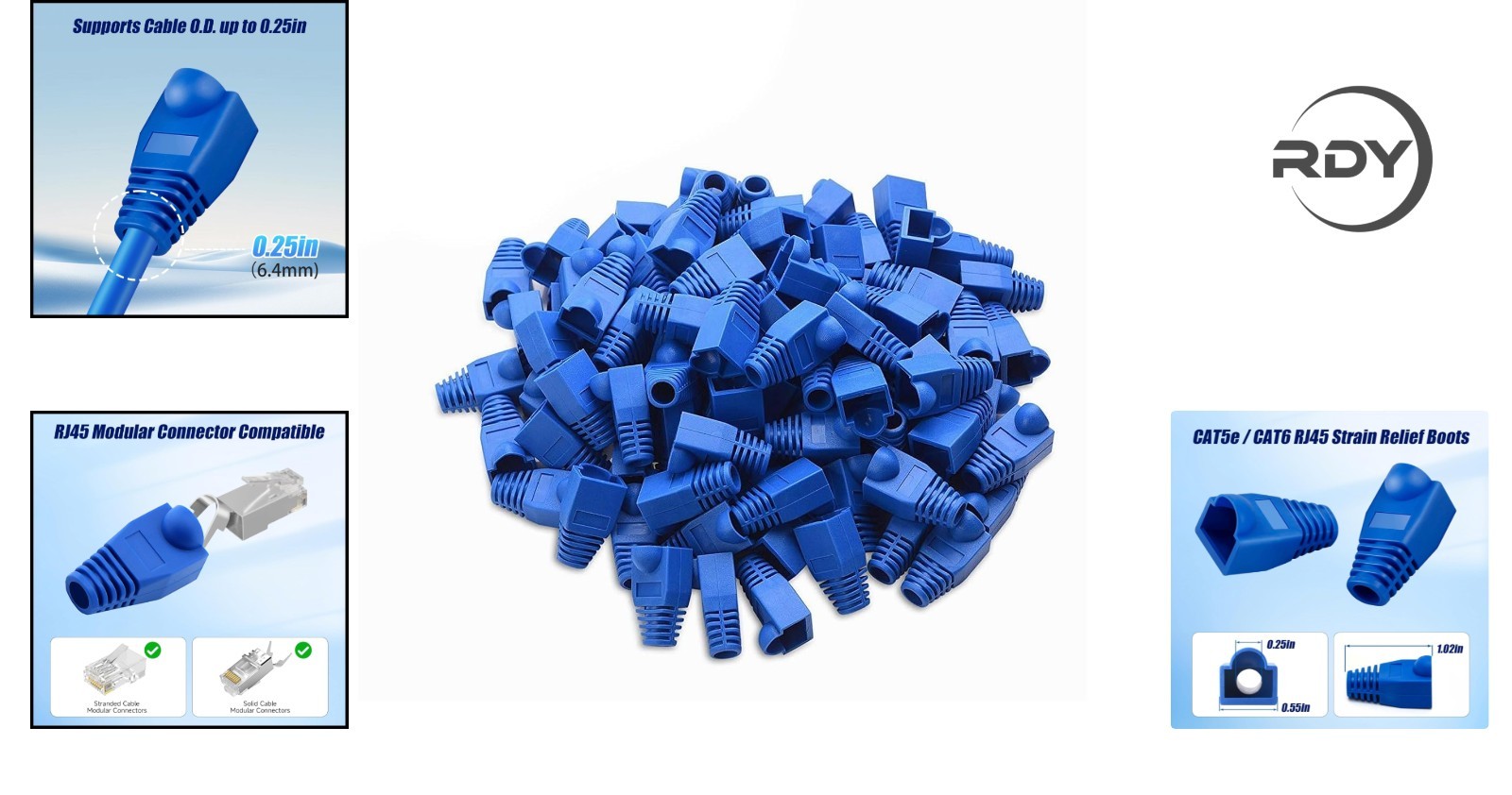 Strain Relief RJ45 Connector Boots, 100PCS Blue – Compatible with Cat5/Cat6