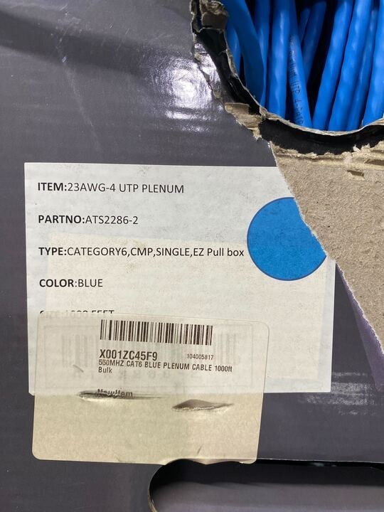 Cat6 Plenum 550 Mhz Ethernet Cable 23G Blue 366 FT