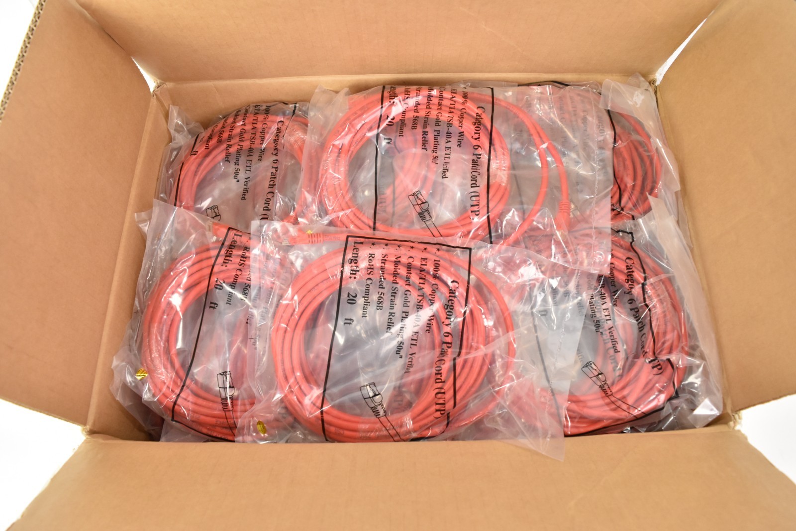 Case of (50) Red 20′ Ft. Cat 6 Ethernet Patch Cables NEW