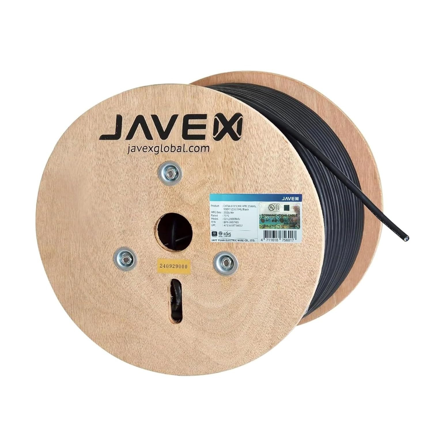 Cat6A Riser 500ft Cable ETL, Pure Copper CMR, 23AWG, 750MHz PoE++ F/UTP