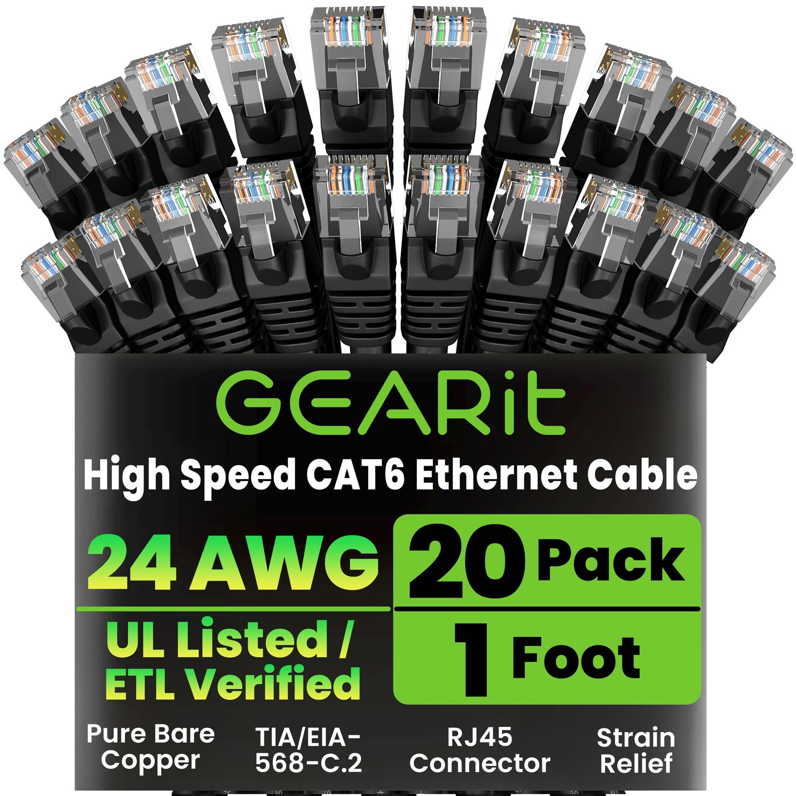 20 PCS 1 ft Cat 6 Ethernet Patch Cables RJ45 Network 10 Gbps Snagless Black