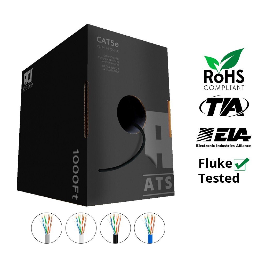 ATSCables Cat 5e Plenum CMP Rated Solid 1000ft Bulk 350 Mhz 24 AWG Cable Black