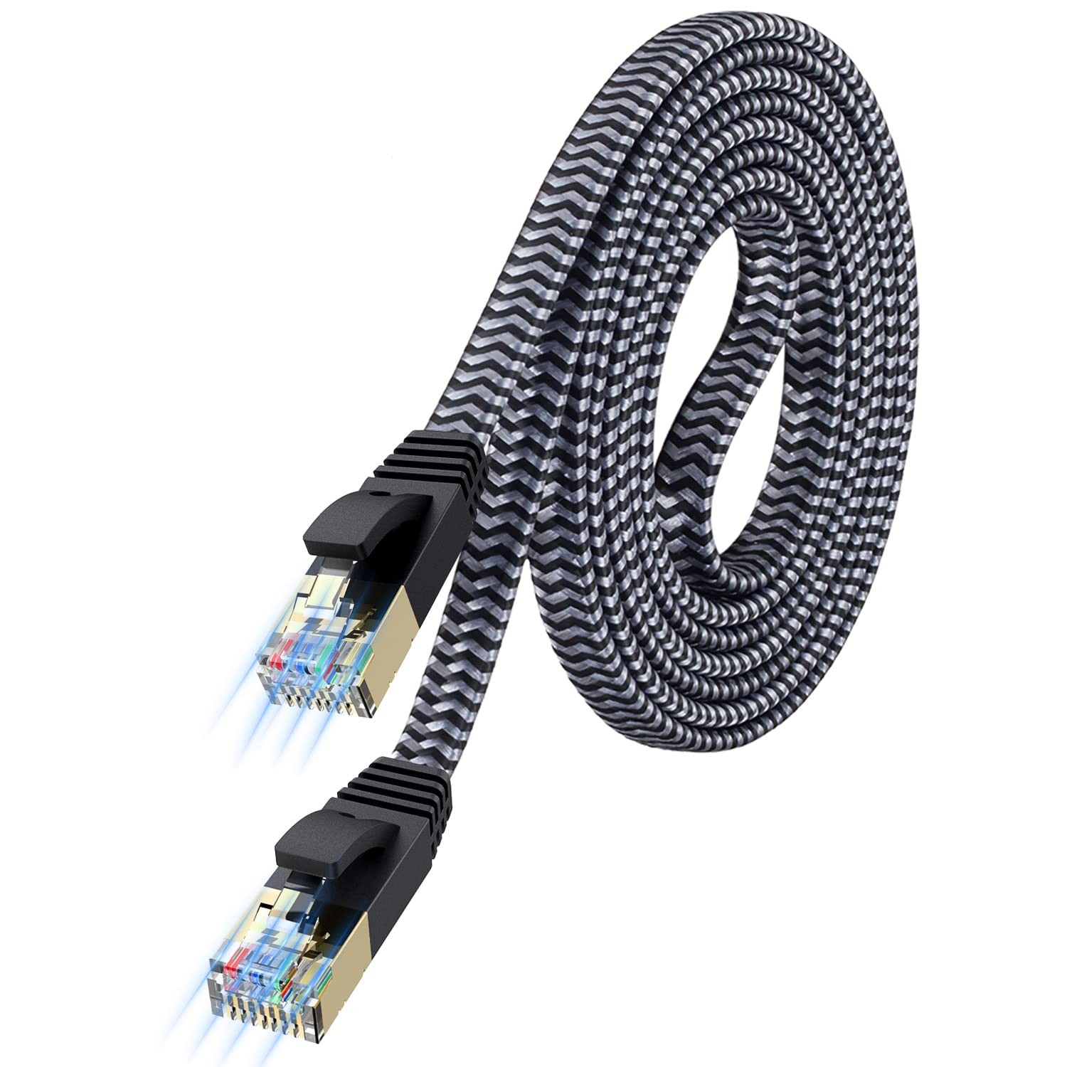 Cat 7 Ethernet Cable 25ft – Nylon Braided Flat High Speed 25FT, Silvery Black