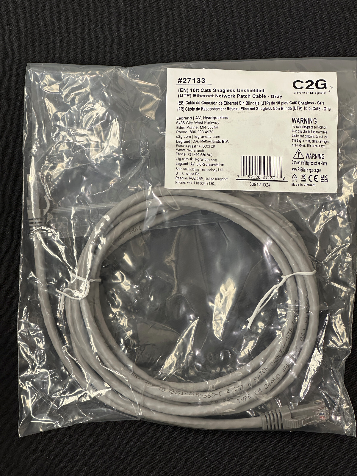 Lot of 5 NEW C2G 10ft CAT6 Snagless Unshielded Ethernet Cable 27133 Gray Grey