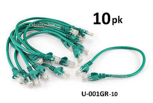 10-PACK Intellinet 1ft CAT5e UTP Ethernet RJ45 Full 8-Wire Patch Cable, Green