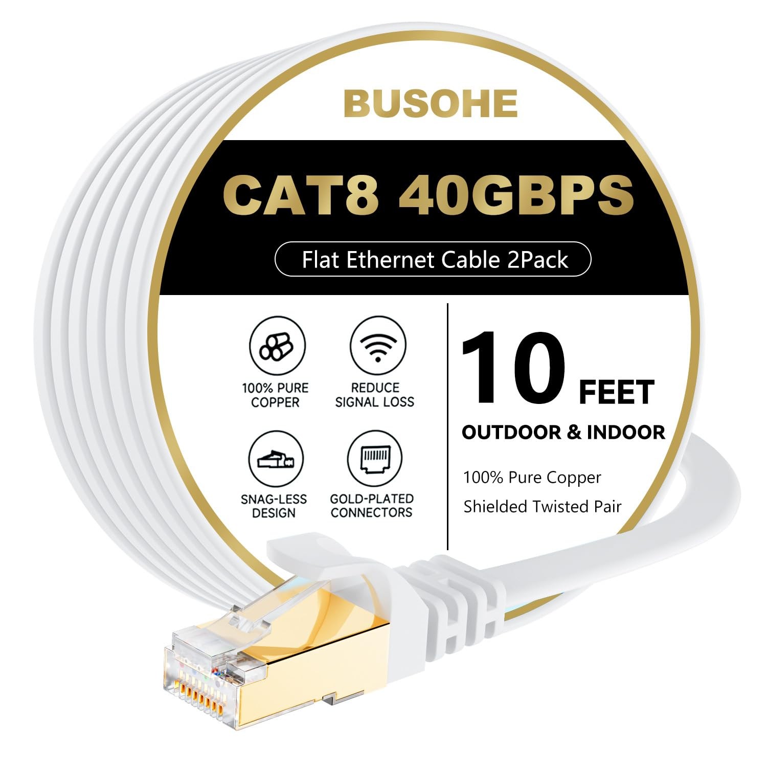Cat8 Flat Ethernet Cable 10 FT High Speed 40Gbps S/FTP LAN Network Cord 2 PCS